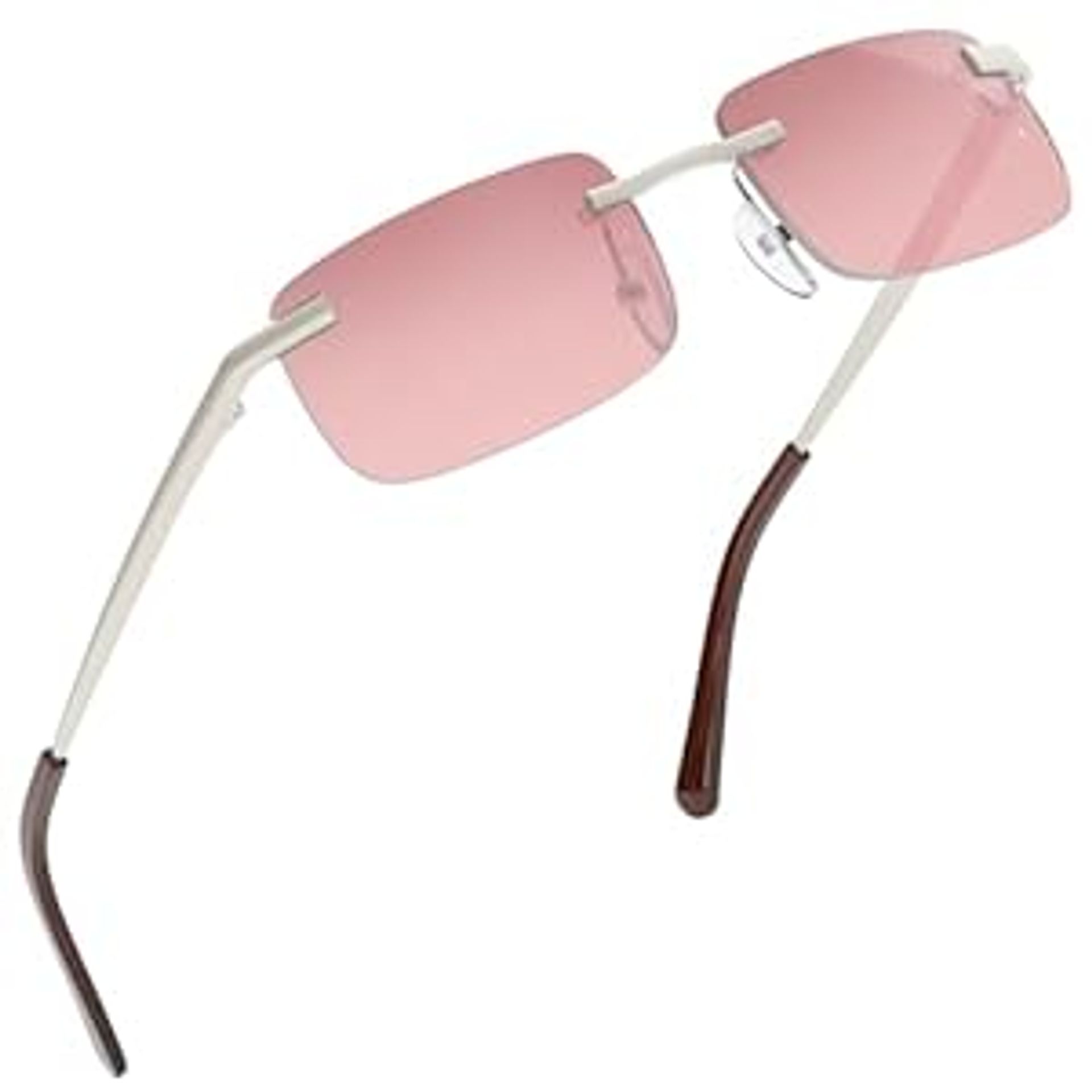 Retro Small Slim Rectangular Sunglasses 90s Rimless UV400 Eye Protection - Silver Frame Pink S