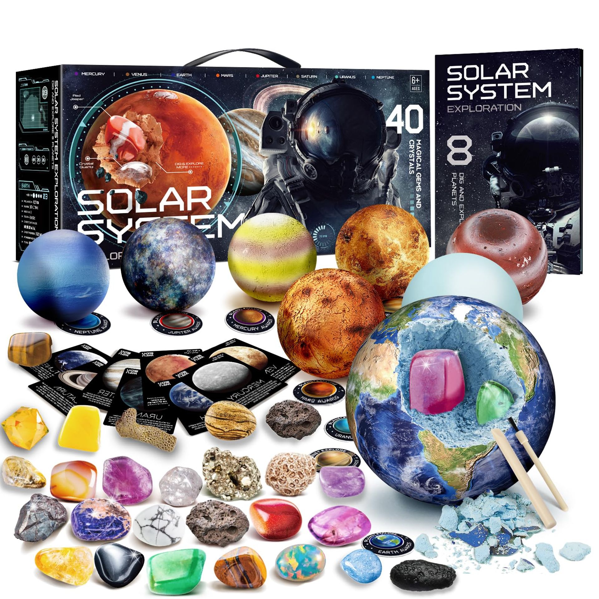 Gemstone Dig Kit for Kids with 40 Real Gems, Crystals & Mining Tools STEM Science Educational Toy - Solar System