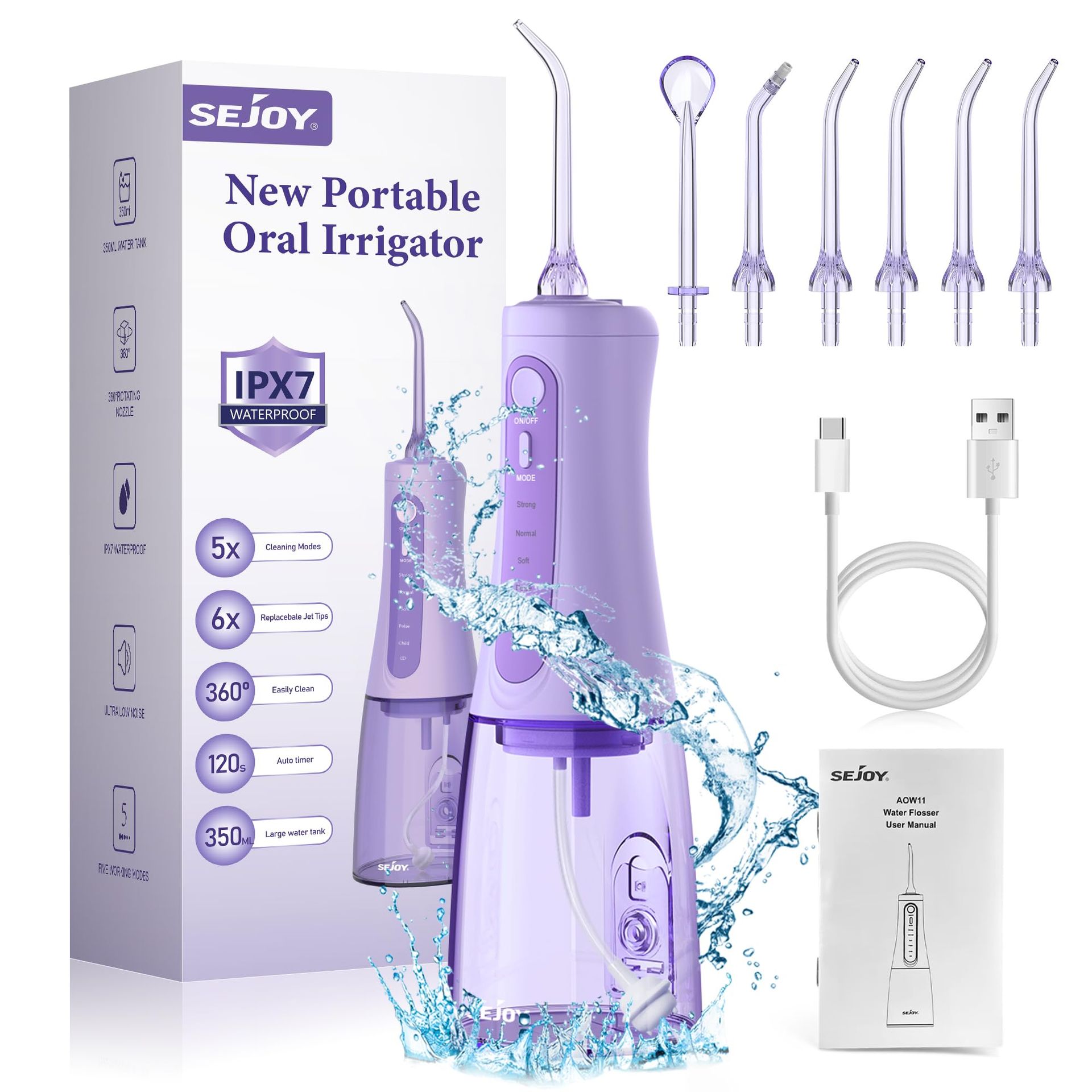 Cordless Water Flosser for Teeth Cleaning USB Rechargeable Oral Irrigator Portable Design - Purple AOW11