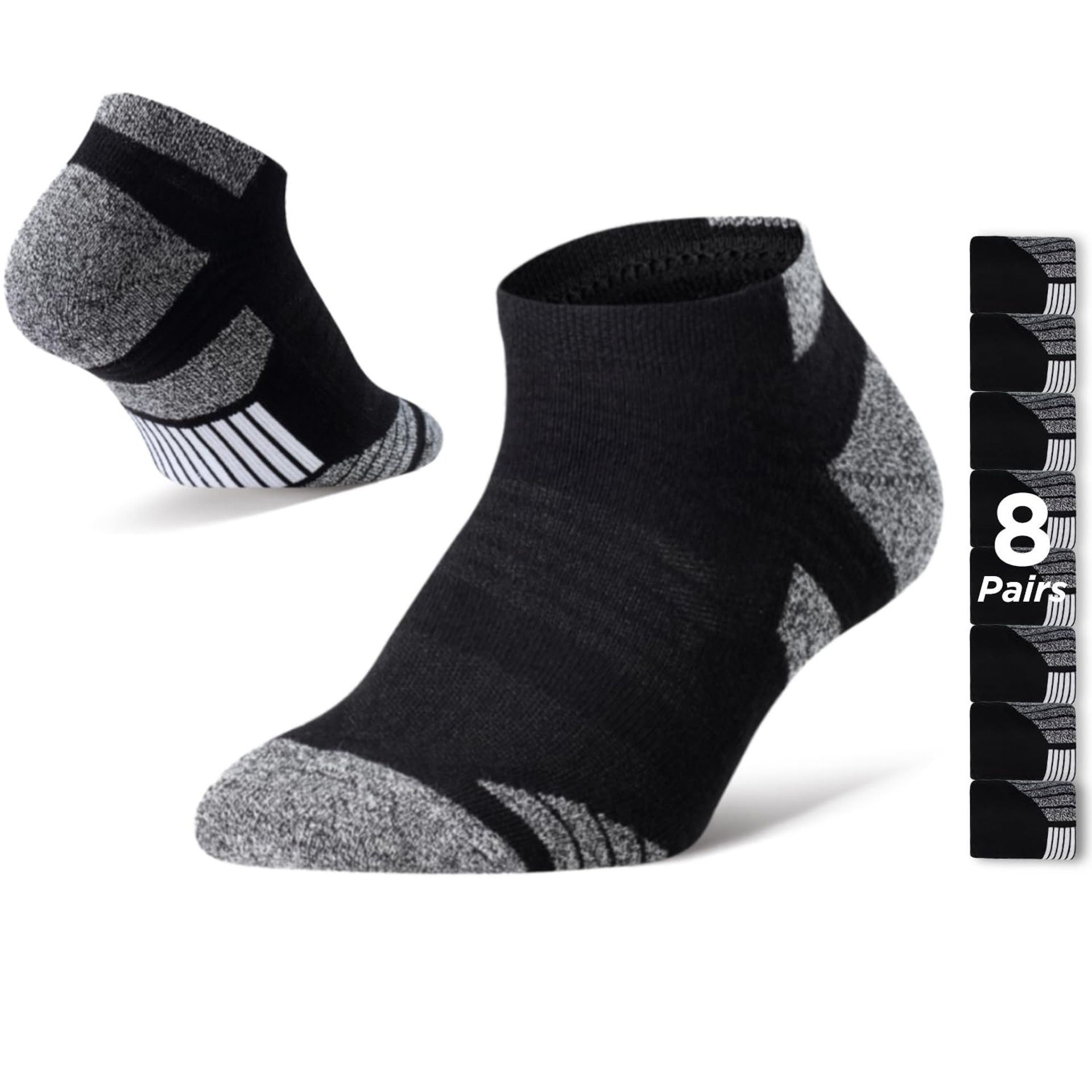 Men's No Show Socks Performance Cotton Cushioned Low Cut Athletic 8 Pack - Black 8-11