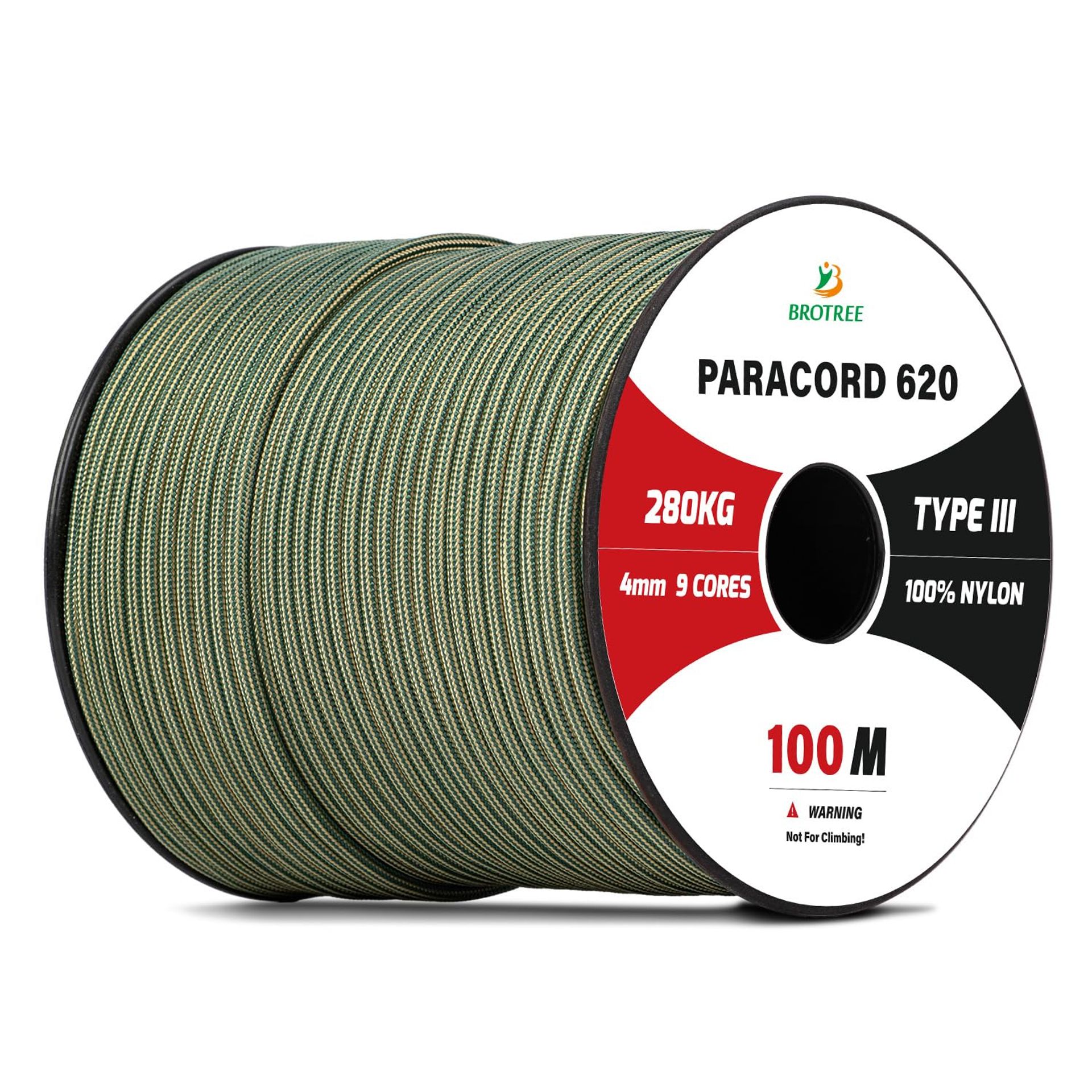 BROTREE Paracord 4mm 100M 9 Strands 100% Nylon Rope Type 3 Parachute Cord for Survival, Outdoor, Bracelet, DIY - 280kg Breaking Load (Dark Green & Gold)