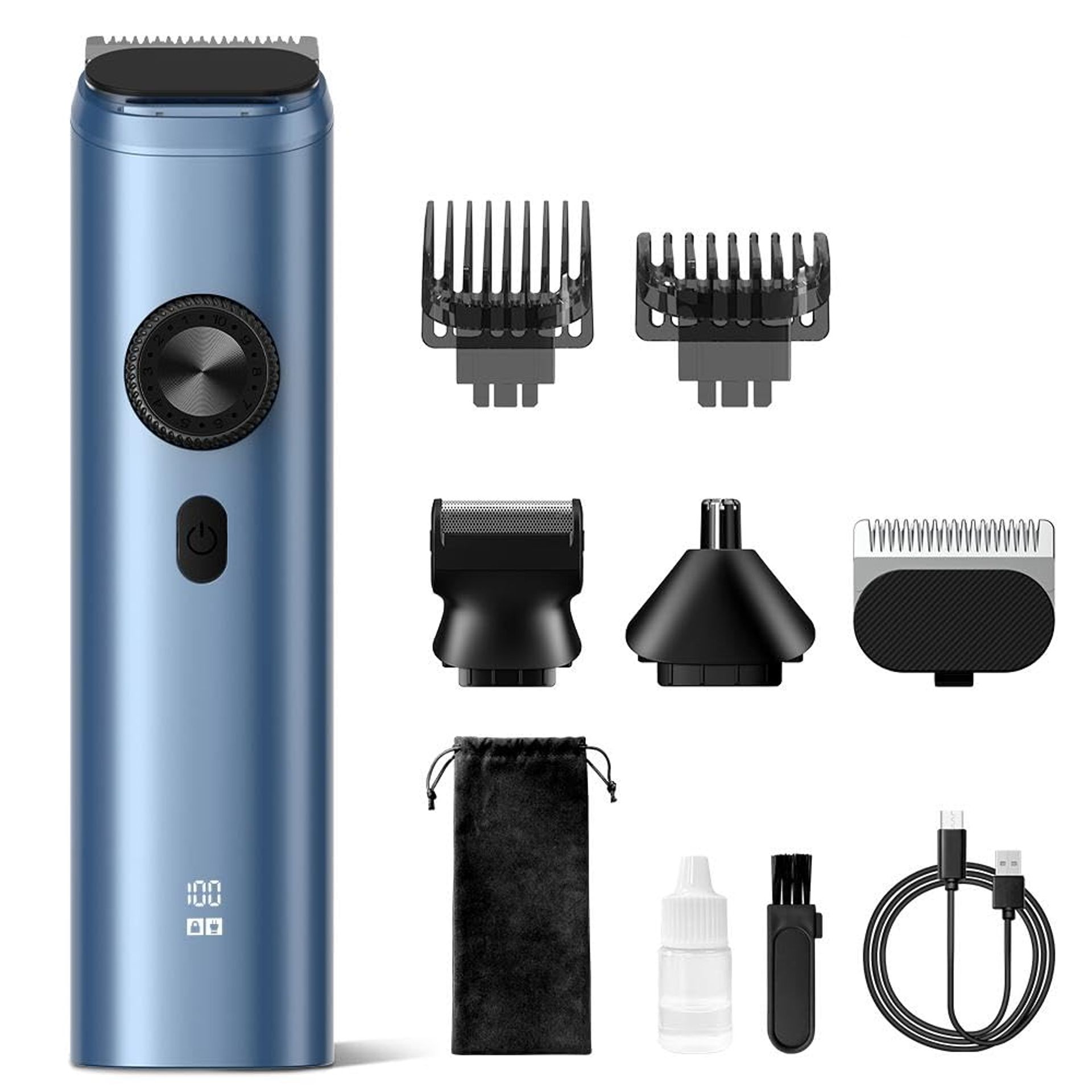 Men's Electric Grooming Kit Beard, Nose & Hair Trimmer Waterproof USB Rechargeable LED Display All-in-One Shaver Set - Blue F3 - Valentines