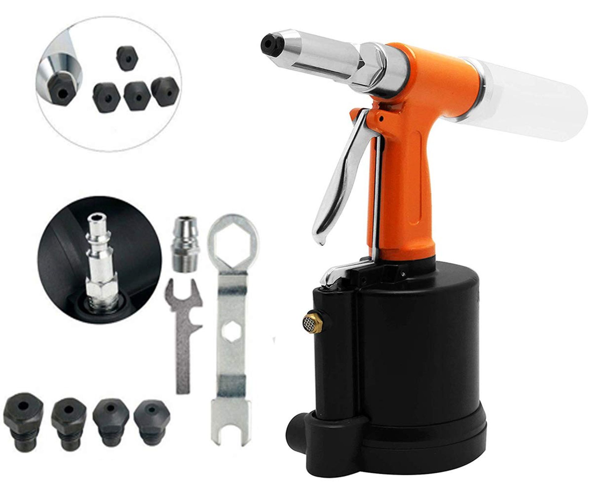 Pneumatic Rivet Gun Hydraulic Air Riveter Tool with 5 Nosepieces 1/4-3/32 inch - Silver