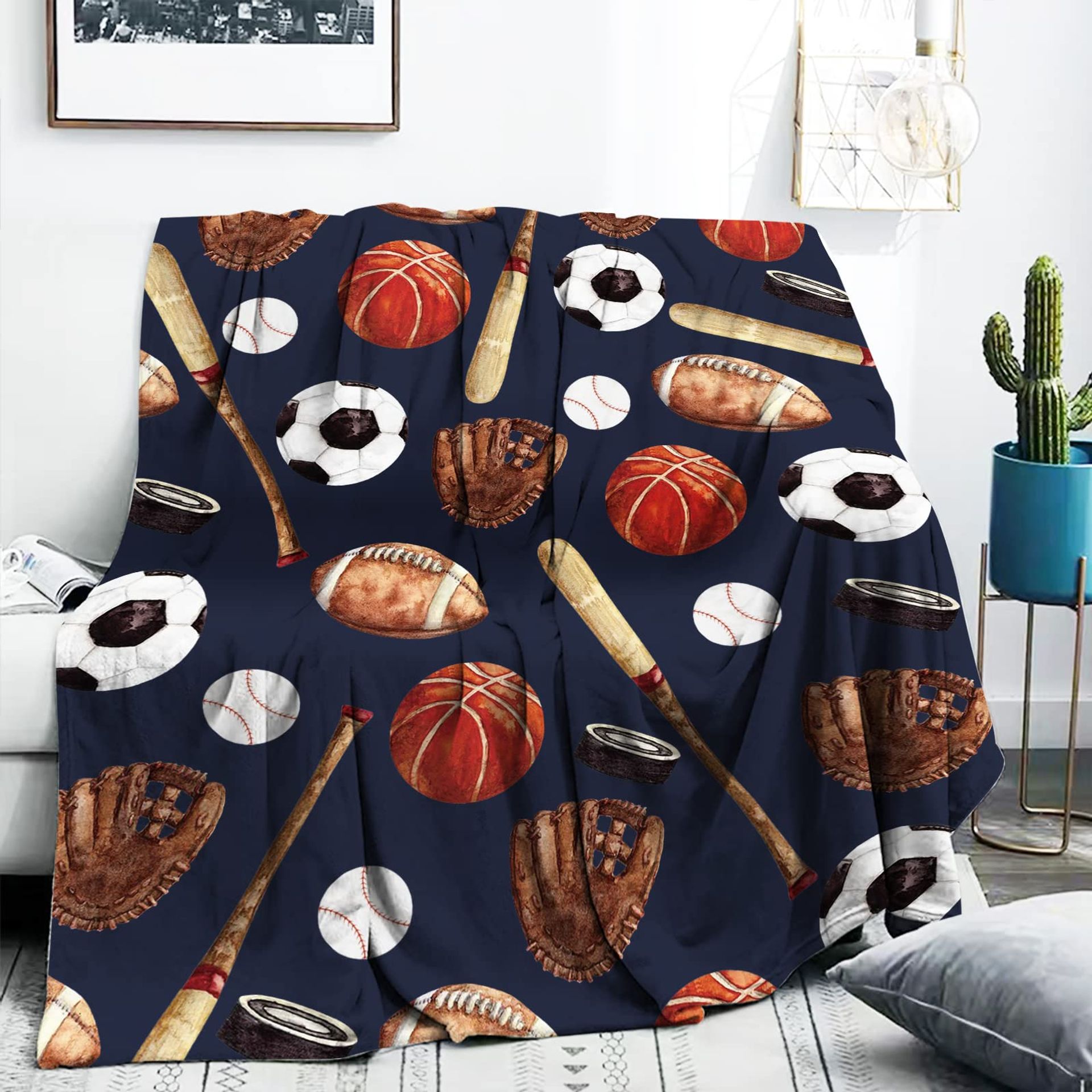 Sport Theme Baby Boys Throw Blanket Soft Fleece Football Baseball Design Gift - Blue-ball 40x50inch