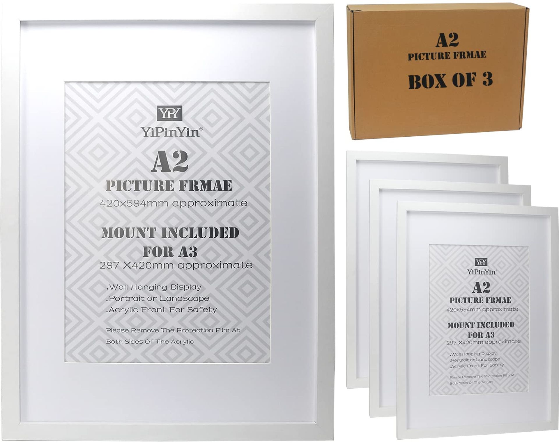 Set of 3 White A2 Poster Frames with A3 Mounts – Clear Acrylic Front, Wall Hanging Photo & Picture Frames