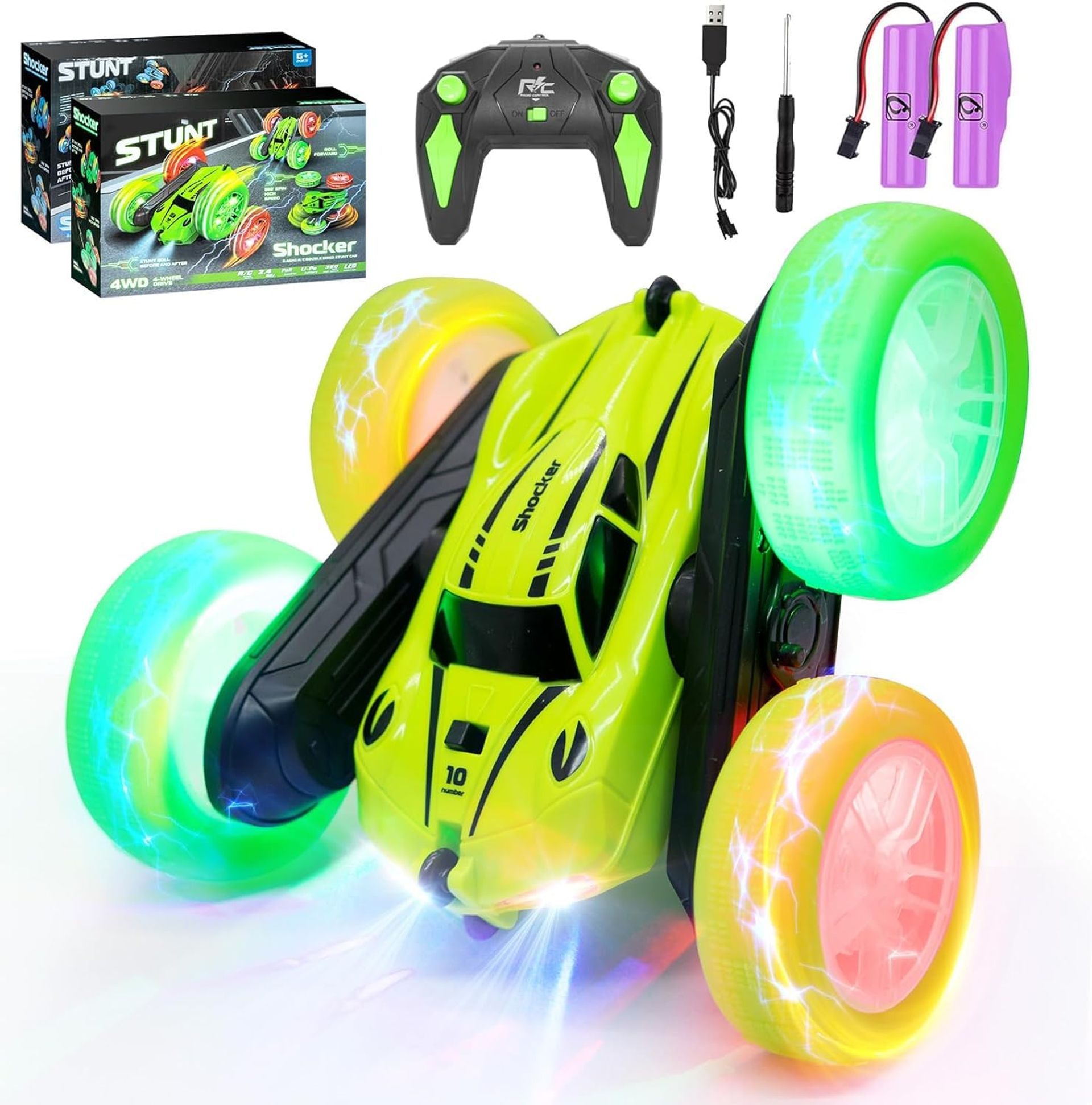Remote Control Car Crawler for Kids 6-12 Years 2.4GHz 4WD RC Toy with LED Lights, 360° Flip and 2 Rechargeable Batteries - Green