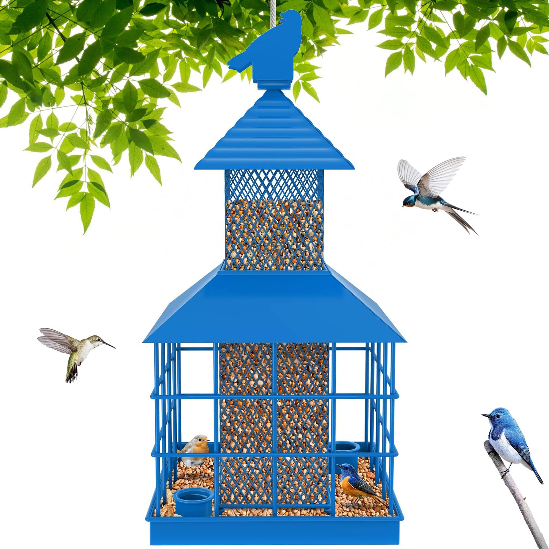 Caged Bird Feeder Squirrel-Proof Metal Tube Seed Feeder with Tray for Outdoors - Sky Blue