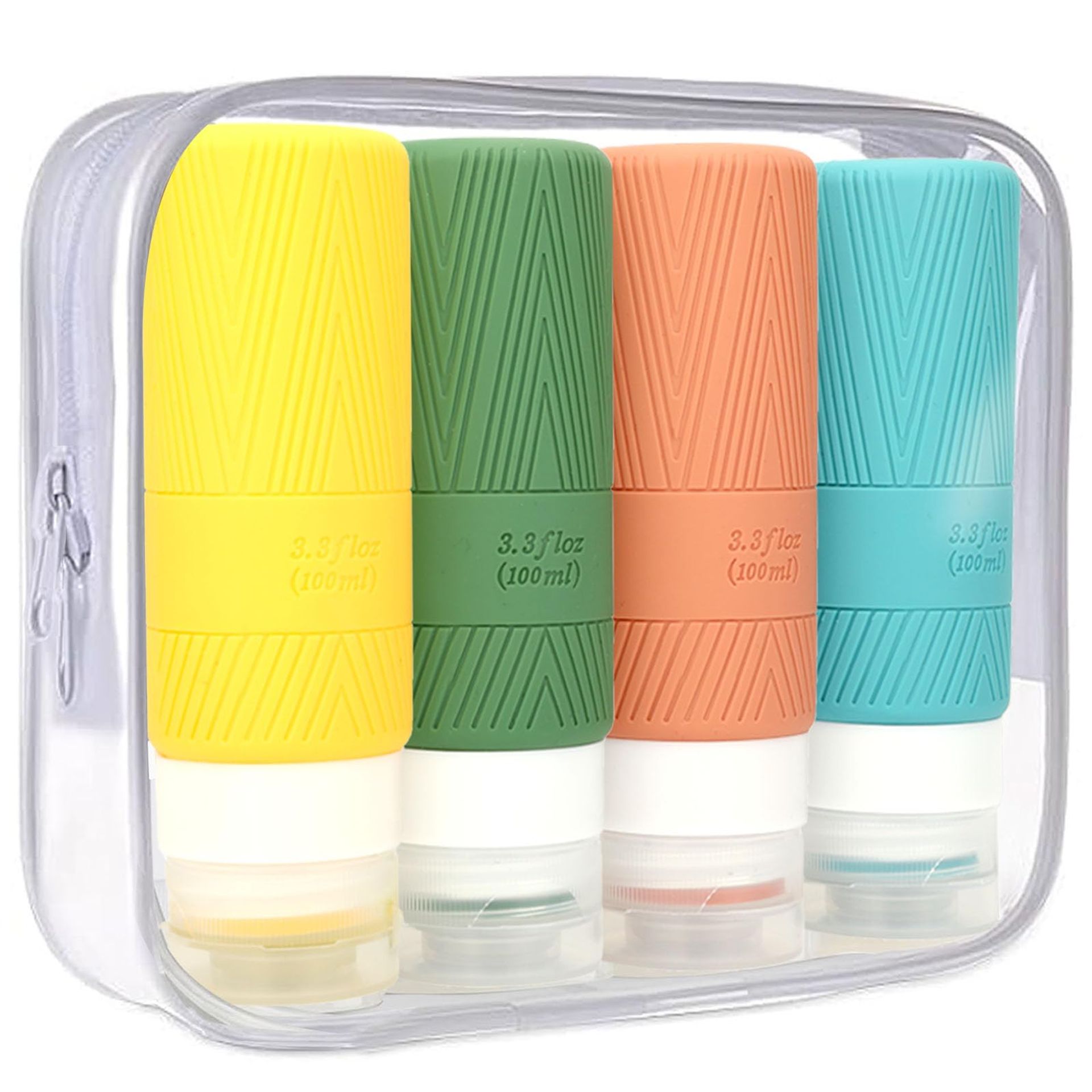 QMAHA Travel Bottles for Toiletries, 4 Pack Portable Silicone Travel Bottles Set, Squeezable Silicone Travel Size Containers, LeakProof Refillable Bottles with Toiletry Bag, 100ml/3.5oz