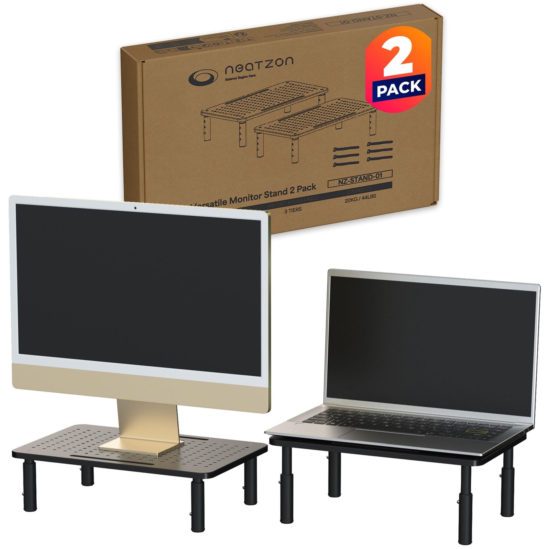 Universal Monitor Stand 2 Pack 3-Height Adjustable Desktop Riser with Cable Management Ties Easy Assembly - Black NZ-STAND-01