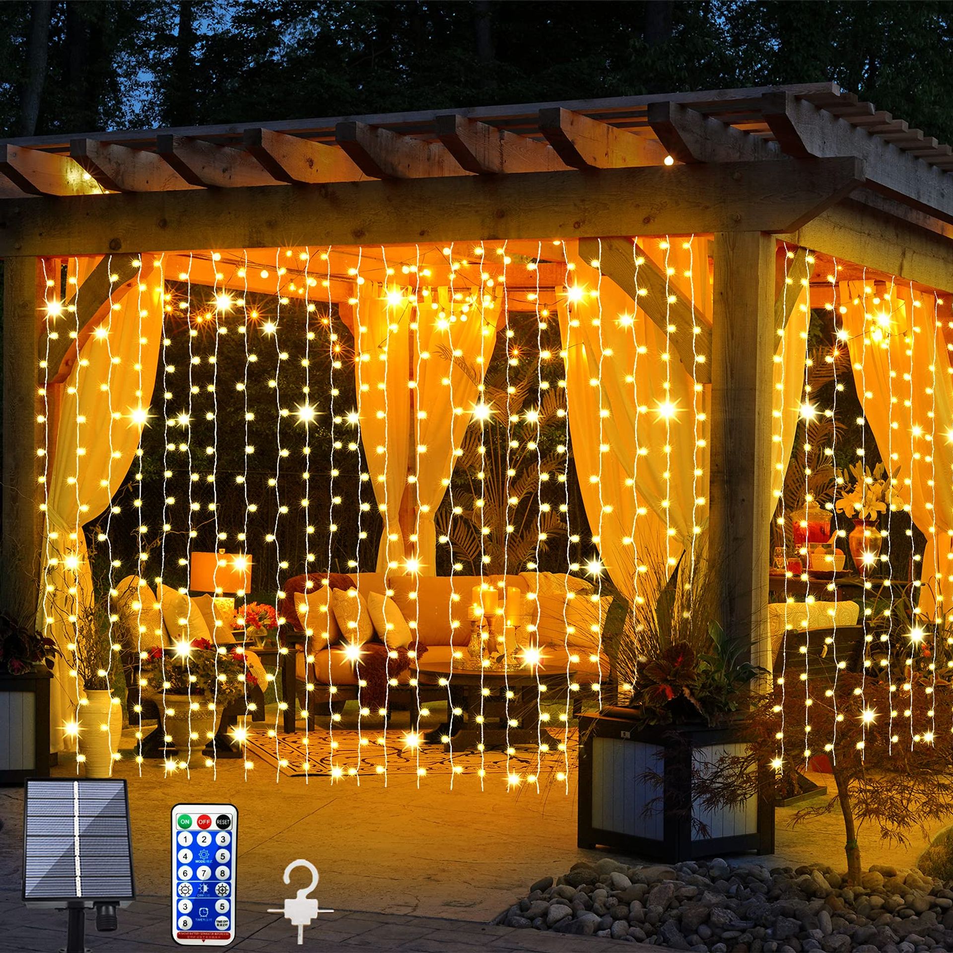 Solar Curtain Fairy Lights Outdoor 3m x 3m 300 LED 8 Modes Waterproof Remote Control Garden Light - Warm White