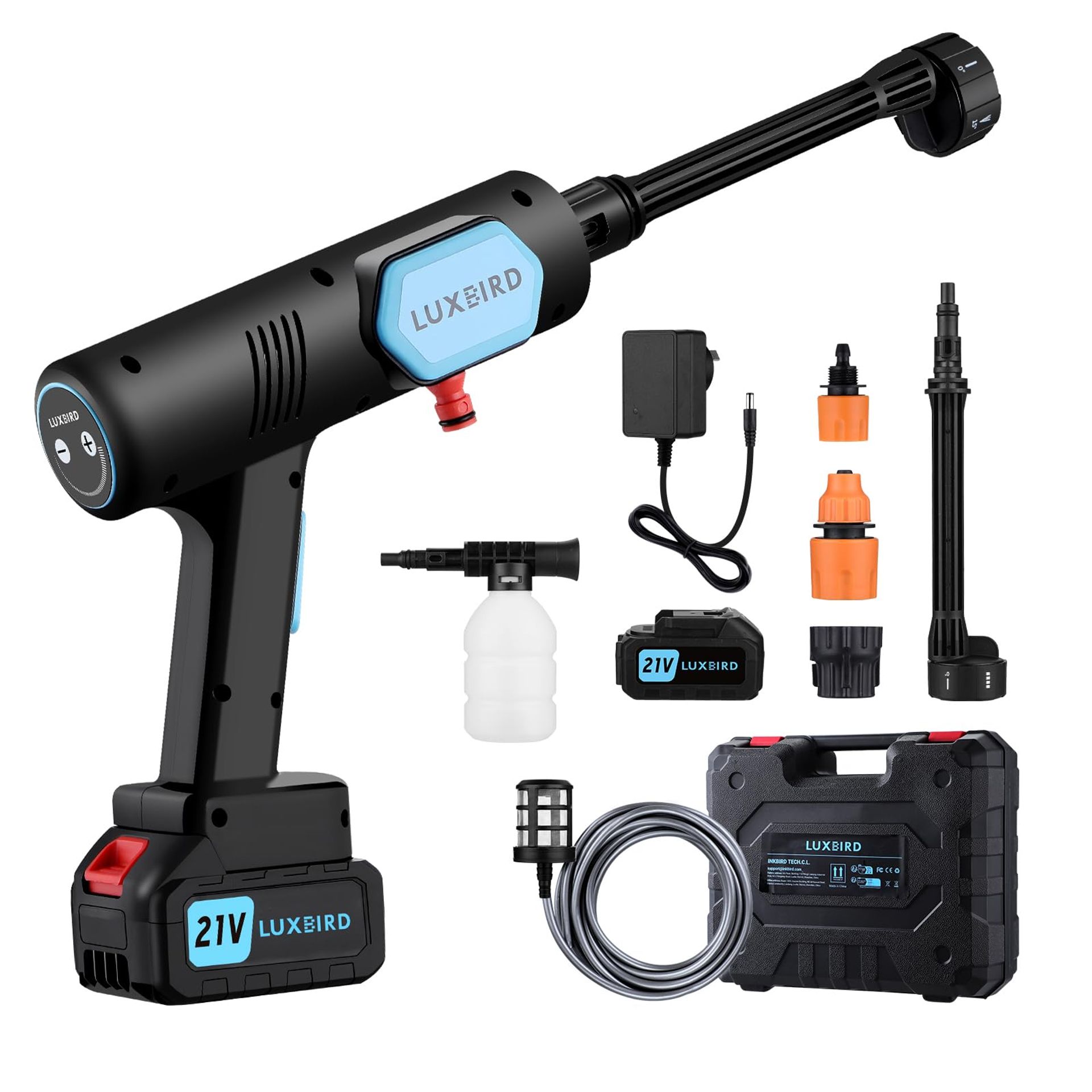 Cordless Pressure Washer 21V with Battery, 6-in-1 Nozzle, Soap Bottle, 652PSI Power Cleaner for Car & Outdoor Use - Black IB-0892-XXUK