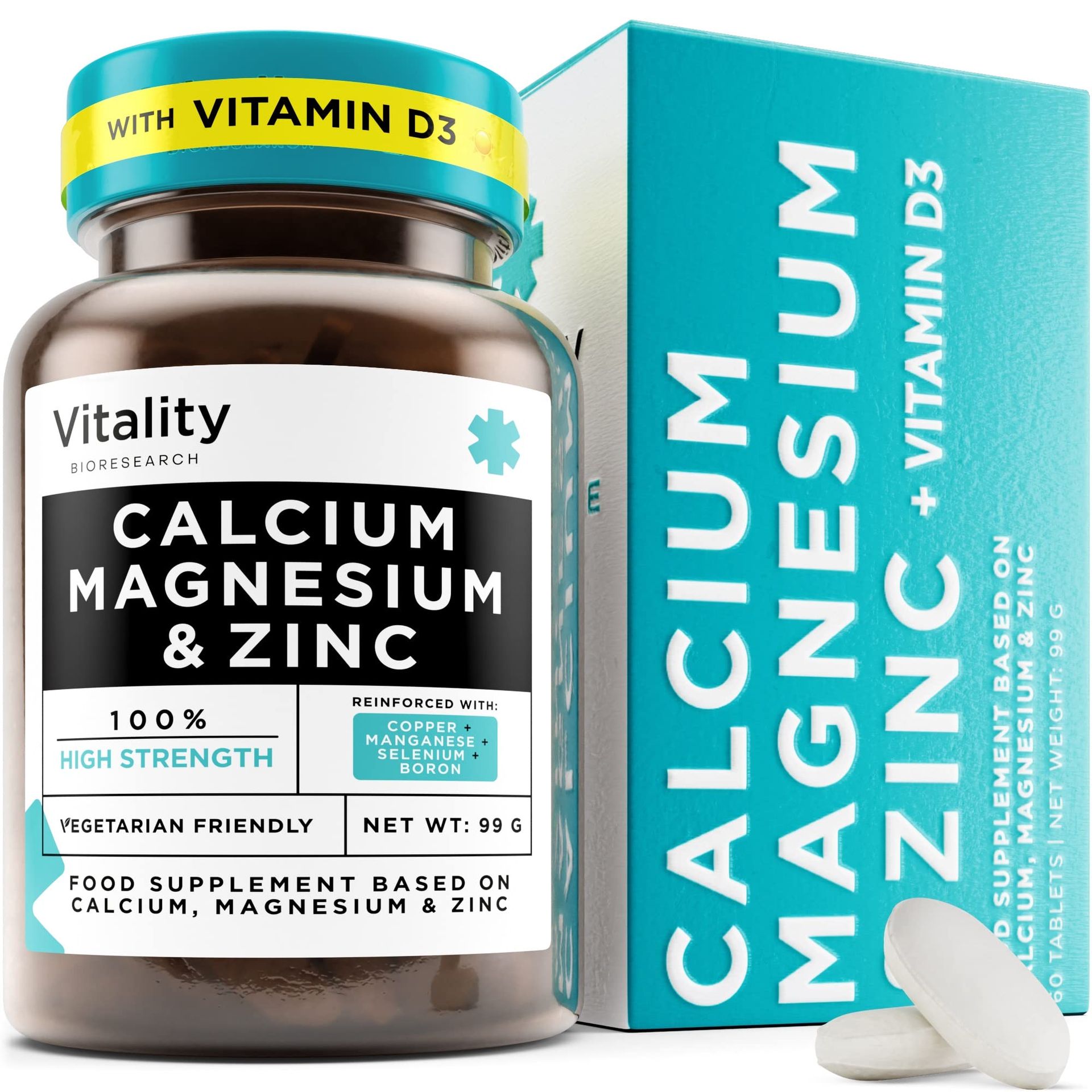 High-Strength Calcium, Magnesium, Zinc & Vitamin D Supplement - 60 Vegan Tablets