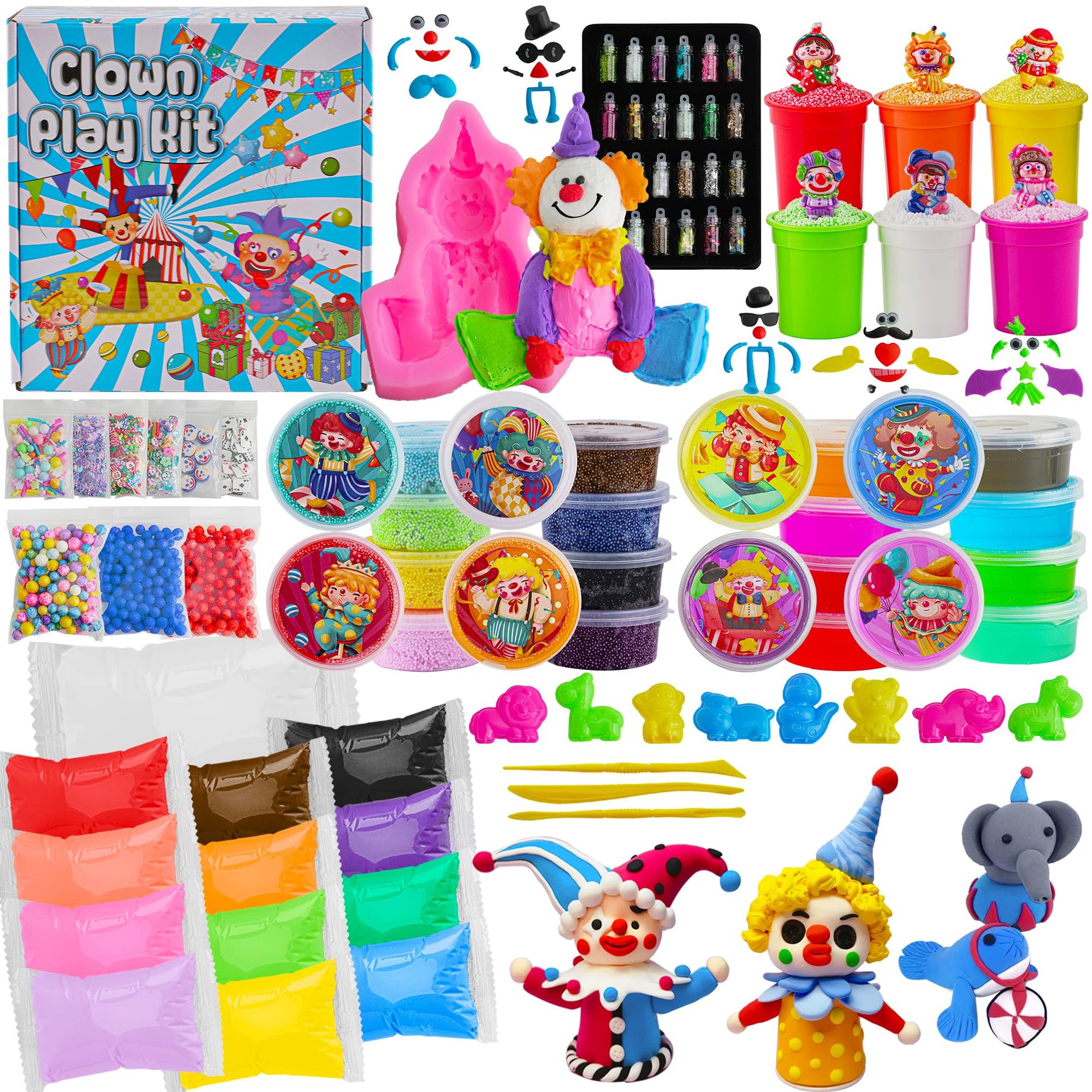 Okaybee 149 Pcs Clown Air Dry Clay Kit - 12 Foam & 13 Magic Colours, Tools Included for Kids' Arts & Crafts