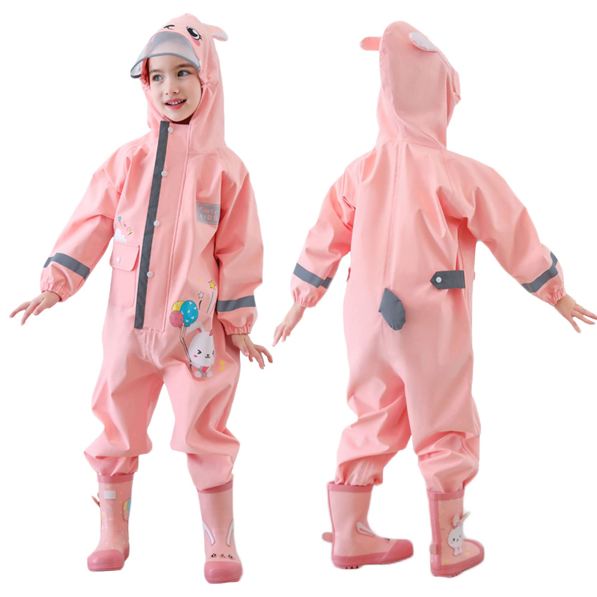 Kids Waterproof Puddle Suit All-in-One Rainwear with Hood, Reflective Strips & Schoolbag Cover - XL Size 5-6 Years