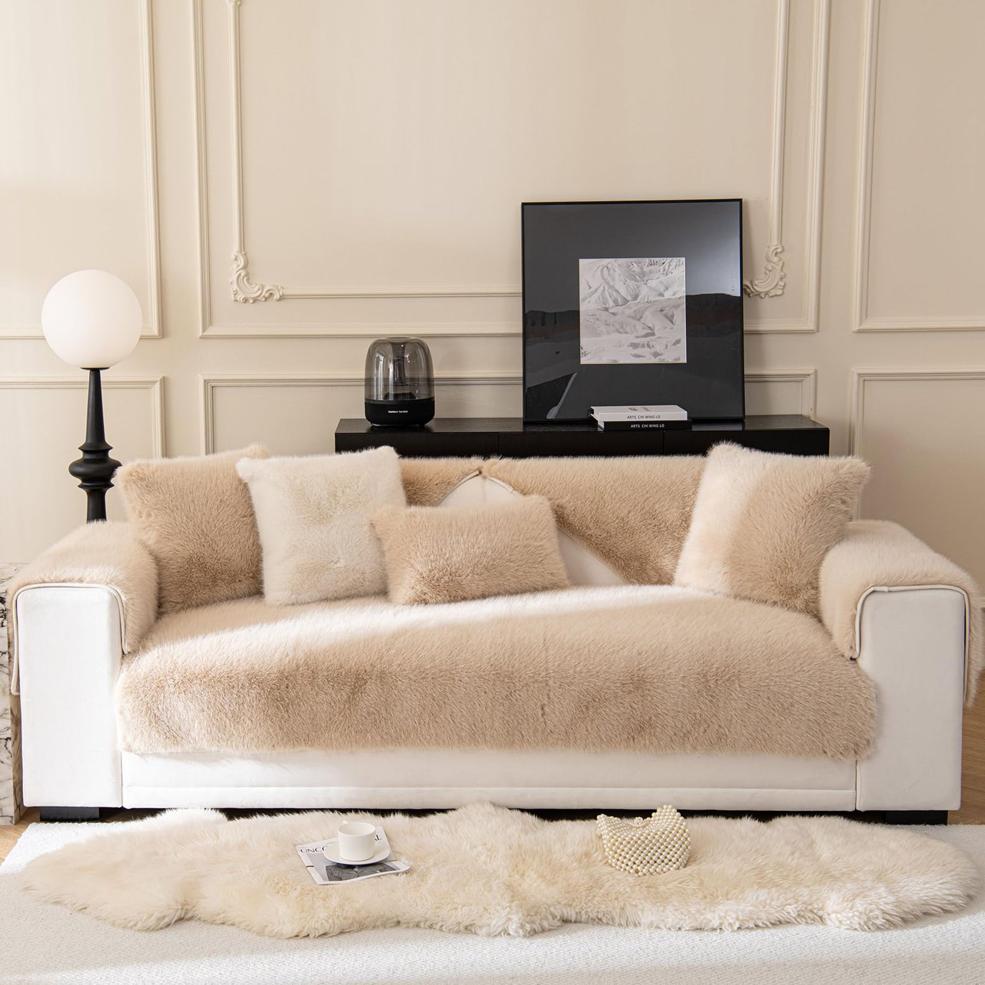 Velvet Sofa Cover Soft Non-Slip Machine Washable Couch Protector - Cream Colour 90 x 160 cm