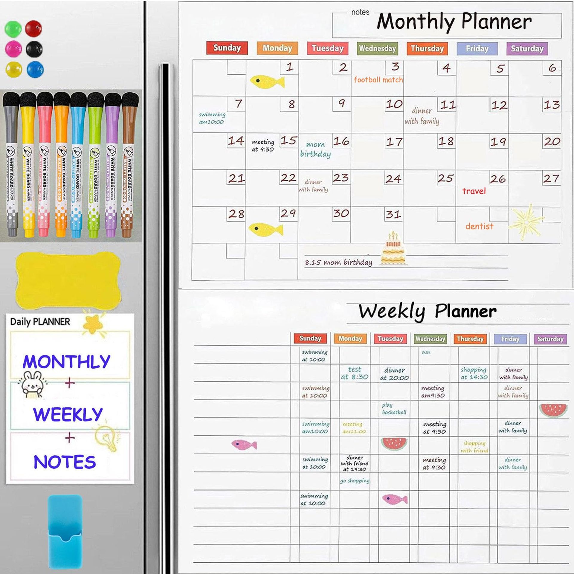 Ideal Swan Magnetic Whiteboard Fridge Calendar, 2025 Monthly Weekly Planner Dry Erase Whiteboard, Home Office Daily Meal Shopping List Family Reminders White Board With 8 Pens,6 Magnets&1 Eraser