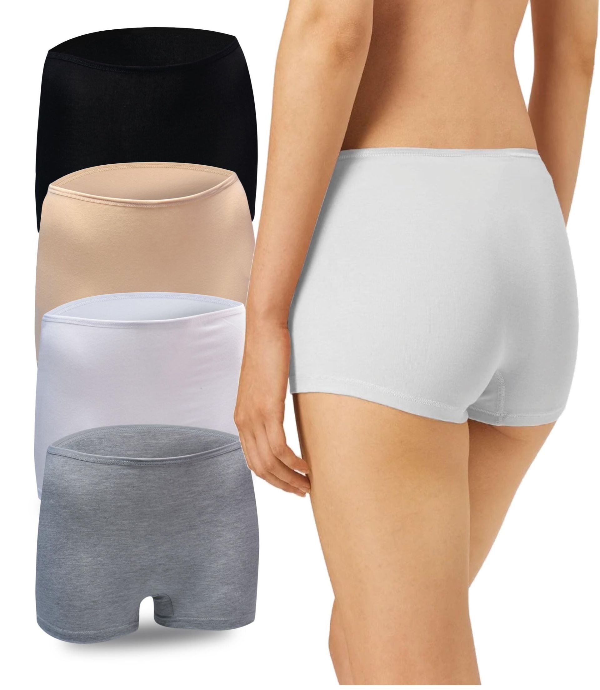 LadyMelex Women's Boxer Shorts (S-M-L-XL) Cotton Safety Boxer Briefs Anti Chafing Underwear, 4 Pieces (Black, White, Grey, Beige), XL