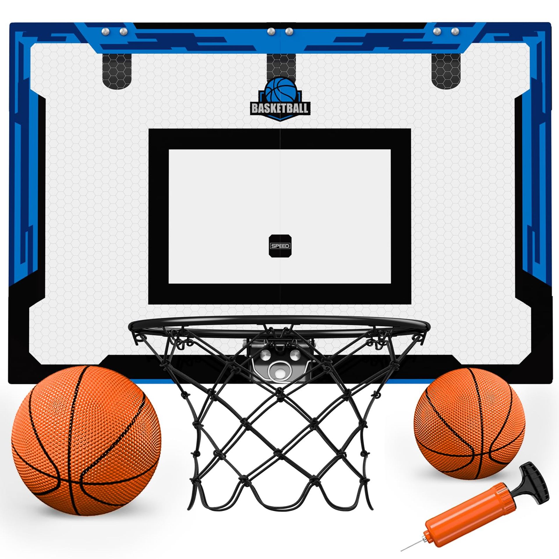 Large Indoor Basketball Hoop Over Door with Sturdy Backboard, Sports Toy Gift for Kids, Teens and Adults - Blue 24" x 16"