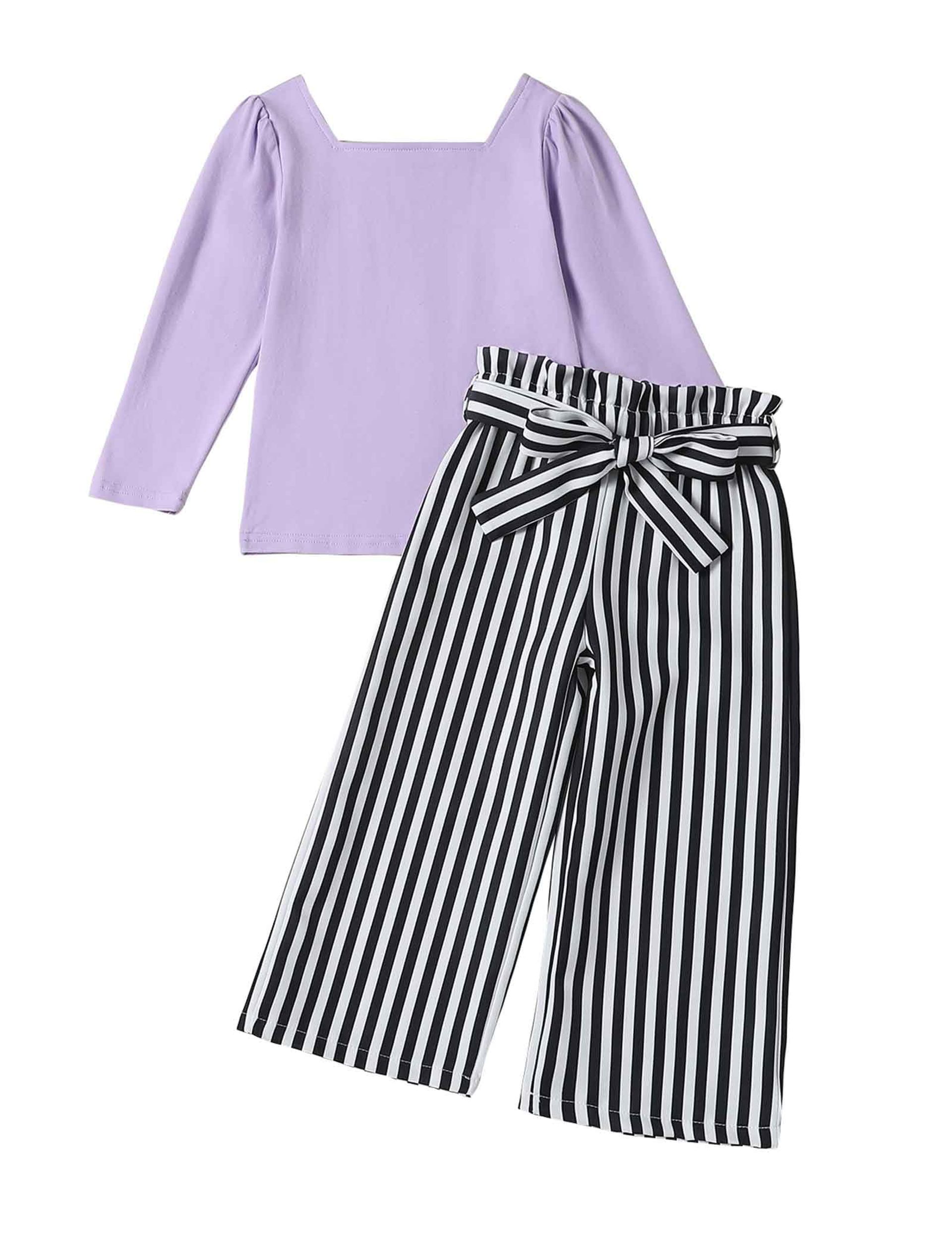 Refein Girls Clothes Set Kids Square Neck Puff Long Sleeve Top Striped Pants Girl Outfits 2-7 Years