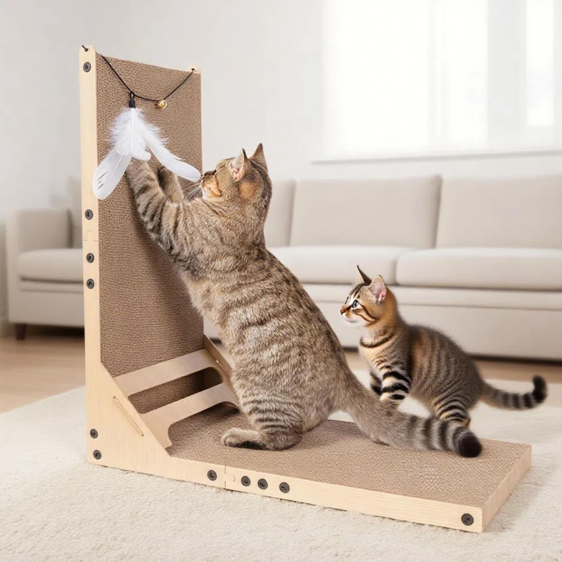 Cat Scratcher with Ball Toy L Shaped Durable Cardboard Scratch Pad Indoor Cats Double-Sided Wall Mounted - White New L Shape