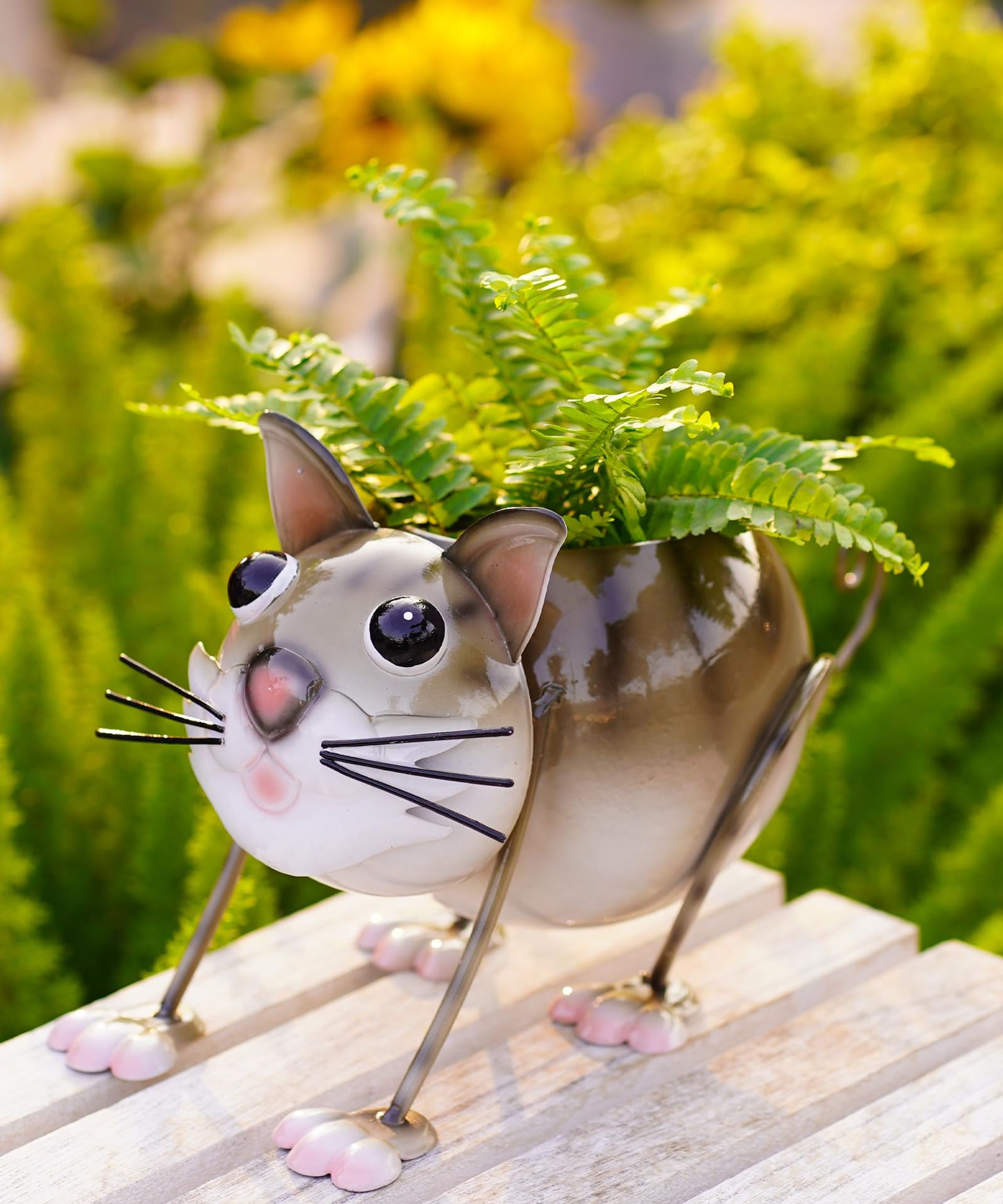 Cute Cartoon Cat Shaped Metal Planter with Drainage for Mini Plants, Cactus or Flowers - Cat One Size