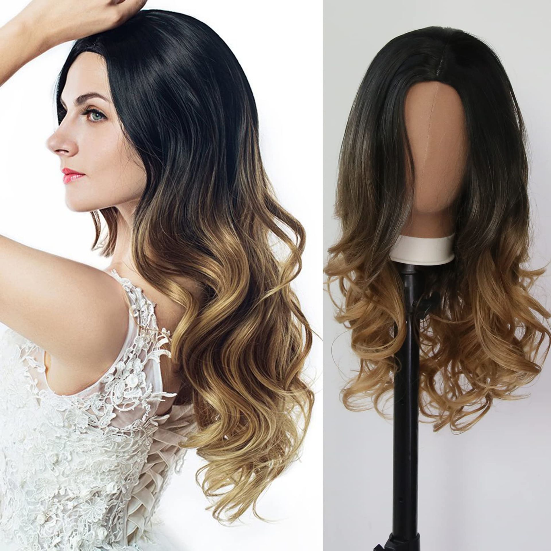 Long Wavy Ombre Blonde Wig for Women Synthetic Heat Resistant Hairpiece Middle Part Glueless Design - Highlight Blonde YST 553