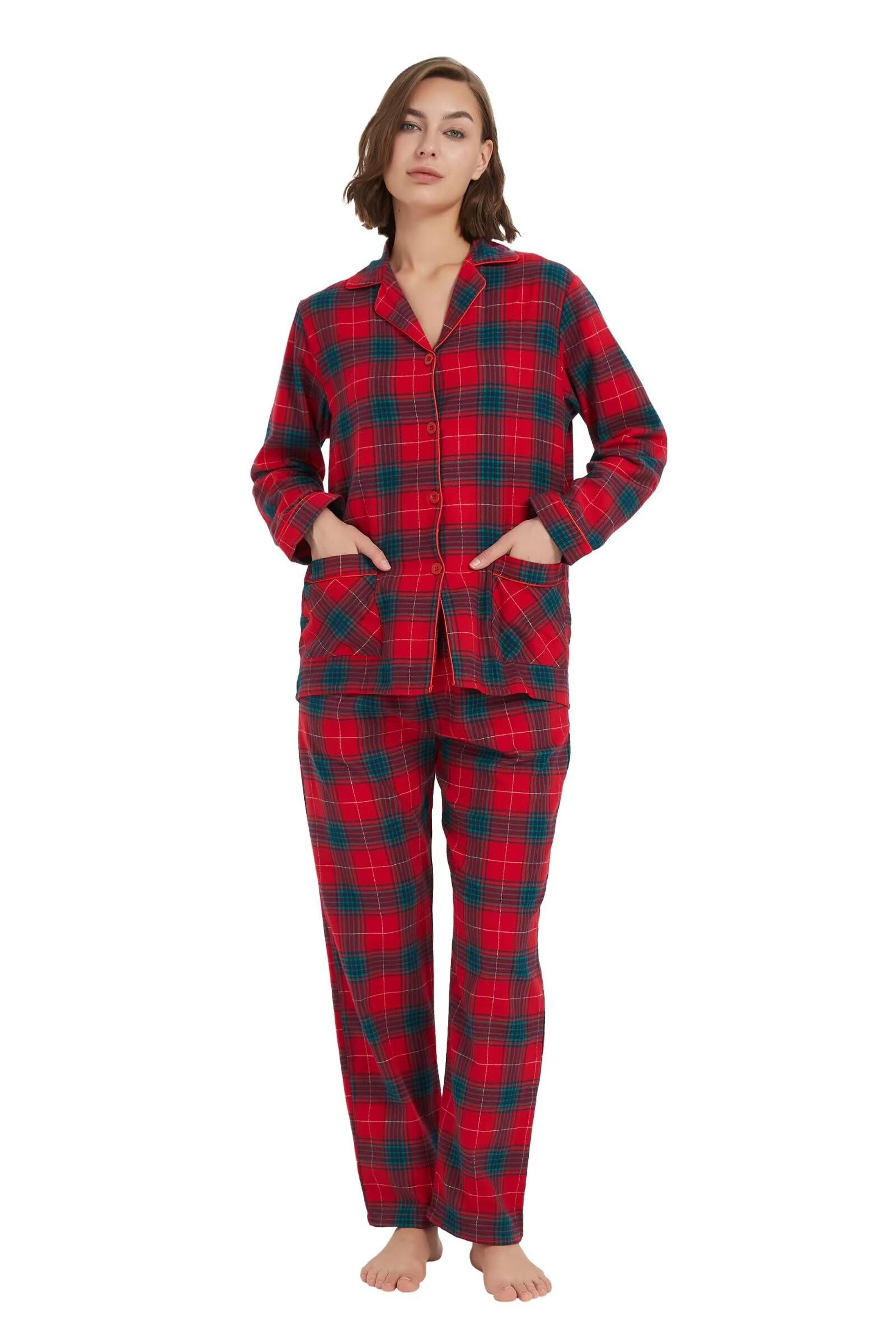 Women's 100% Cotton Flannel Pyjama Set Yarn Dyed Long Sleeve Winter Sleepwear - Red and Green Plaid L