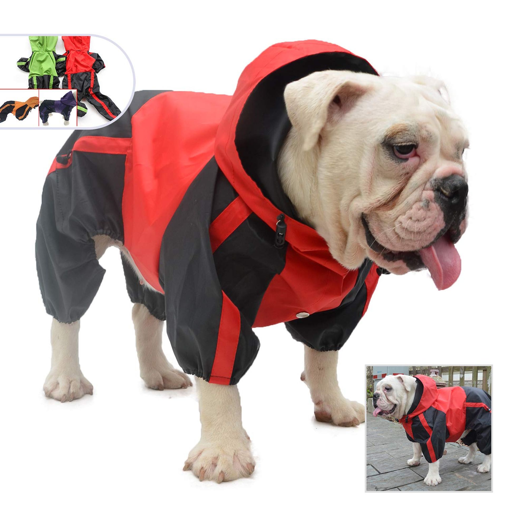 Dog Hooded Raincoat Waterproof Windproof Breathable 4-Leg Design for Bulldogs and Pugs - Red B-S