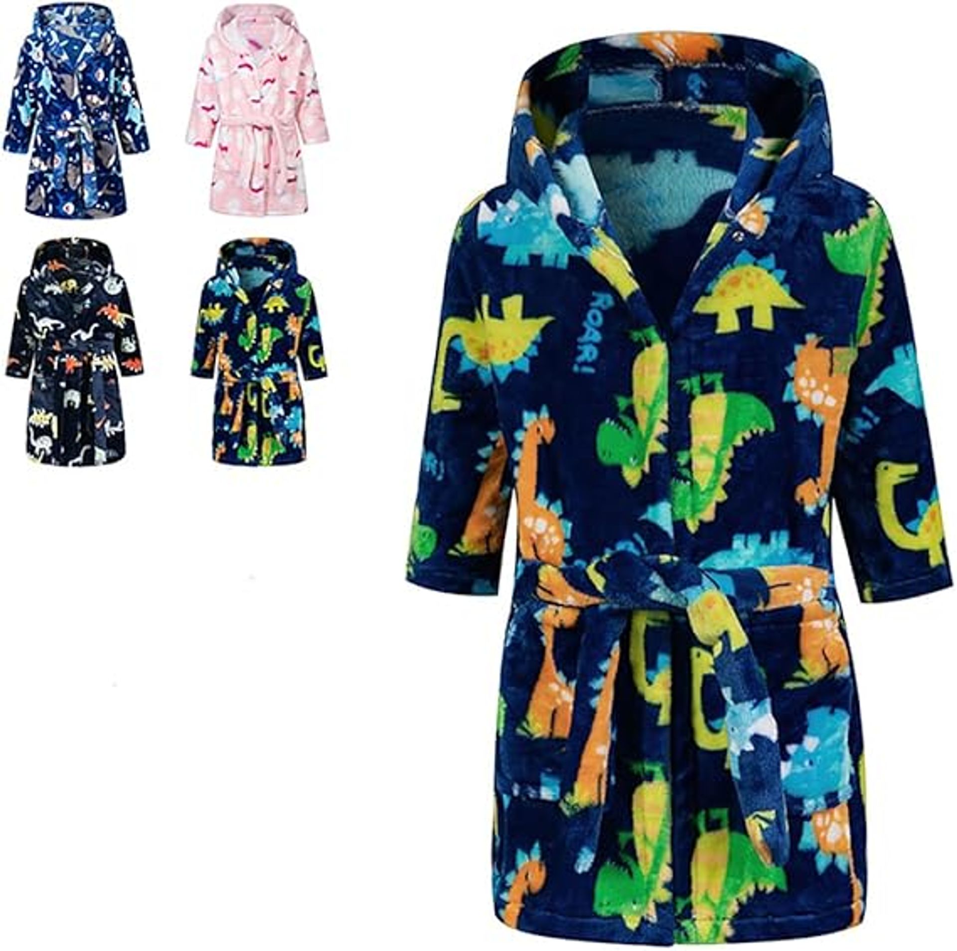 Kids Hooded Bathrobe Soft Flannel Dinosaur Design Unisex Sleepwear - Blue 8-9 Years