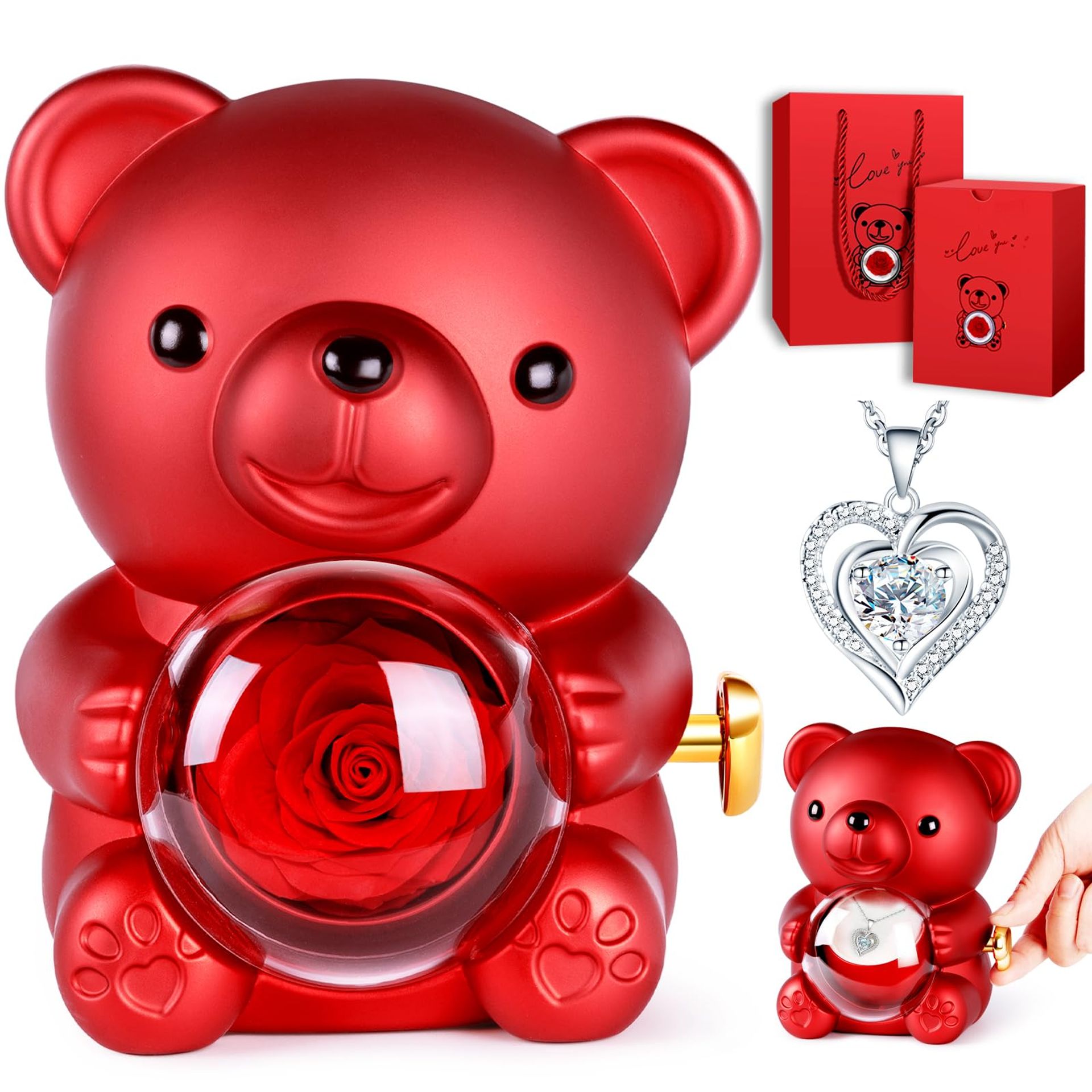 Romantic Teddy Bear Gift with Preserved Rose, Hidden Jewellery Box & Necklace - Red Bear White Diamond