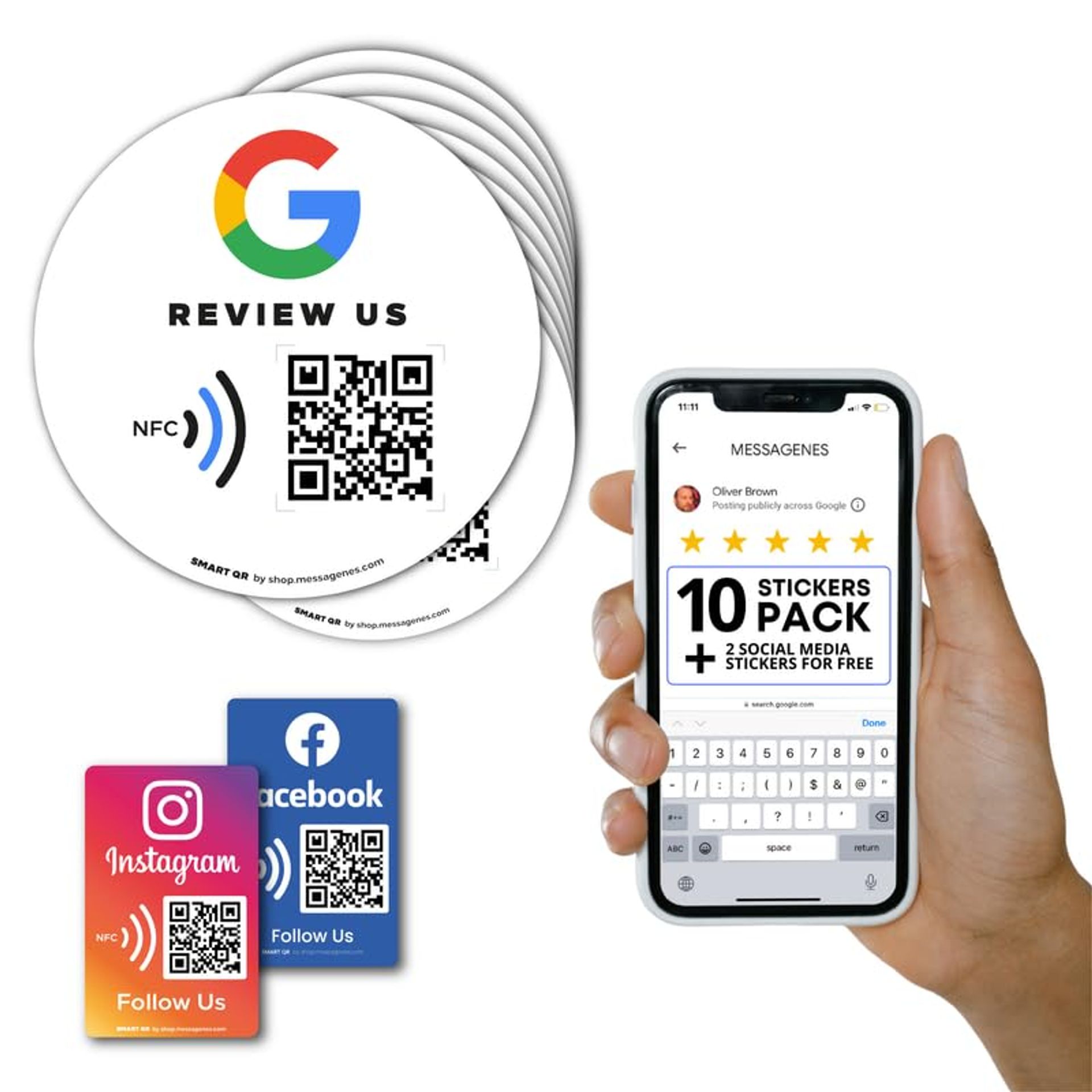Reusable NFC Tap Stickers for Google Reviews with QR Code, Contactless Feedback Tags for iPhone & Android - 10 Stickers Pack