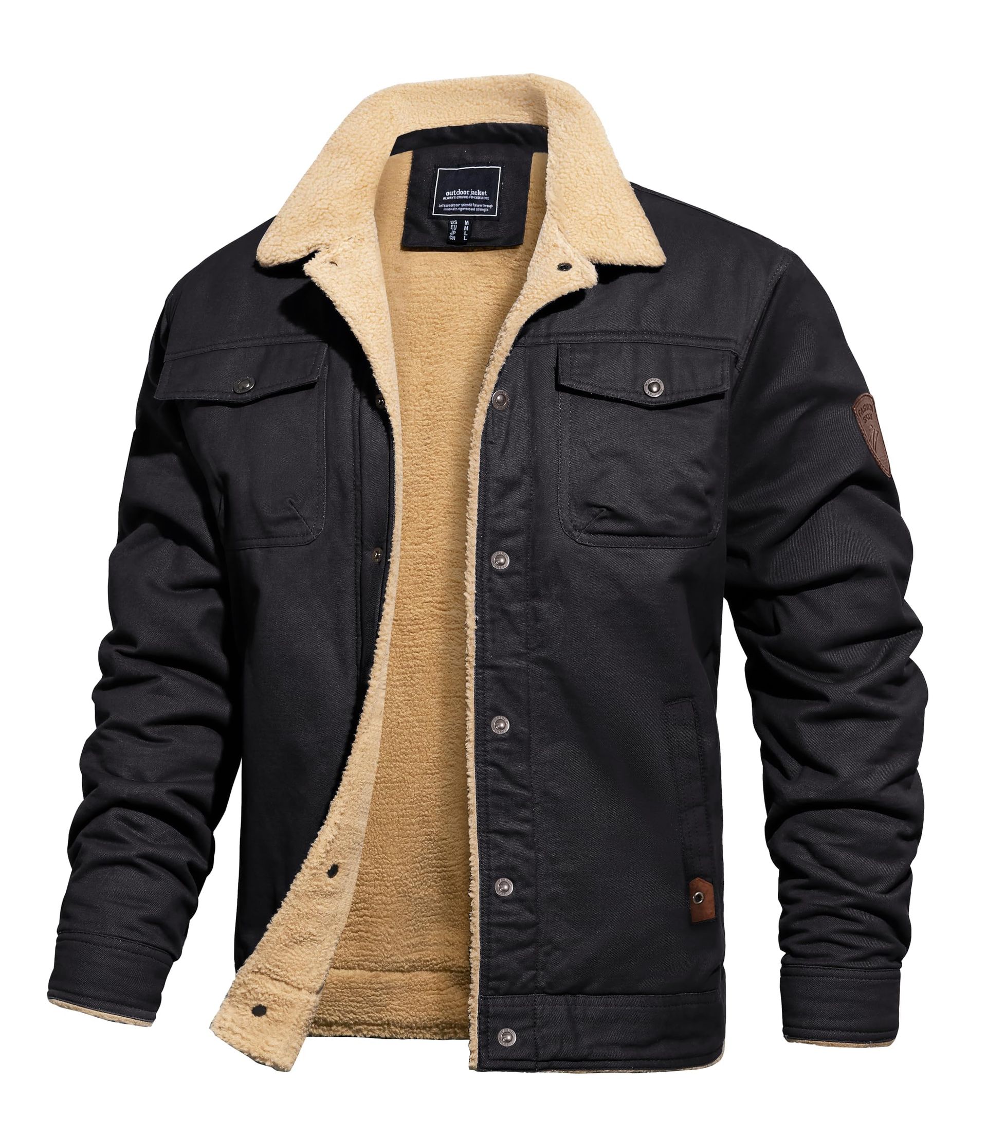 Men's Sherpa Lined Military Jacket Fleece Trucker Coat Warm Cotton Casual Outerwear - Black S