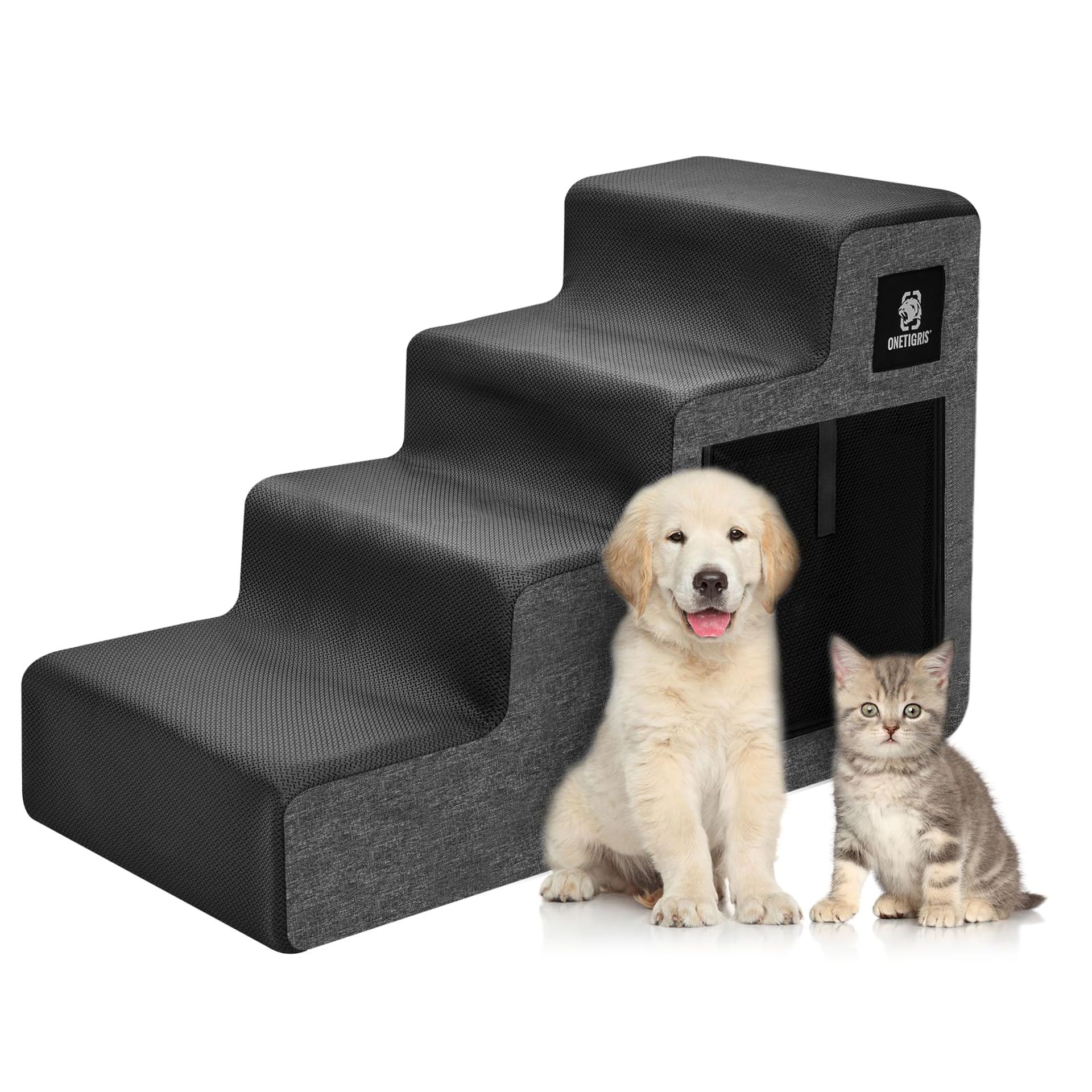 Dog Stairs 3-Step Foam Pet Steps with Waterproof Non-Slip Removable Cover for Sofa and Bed - Grey L