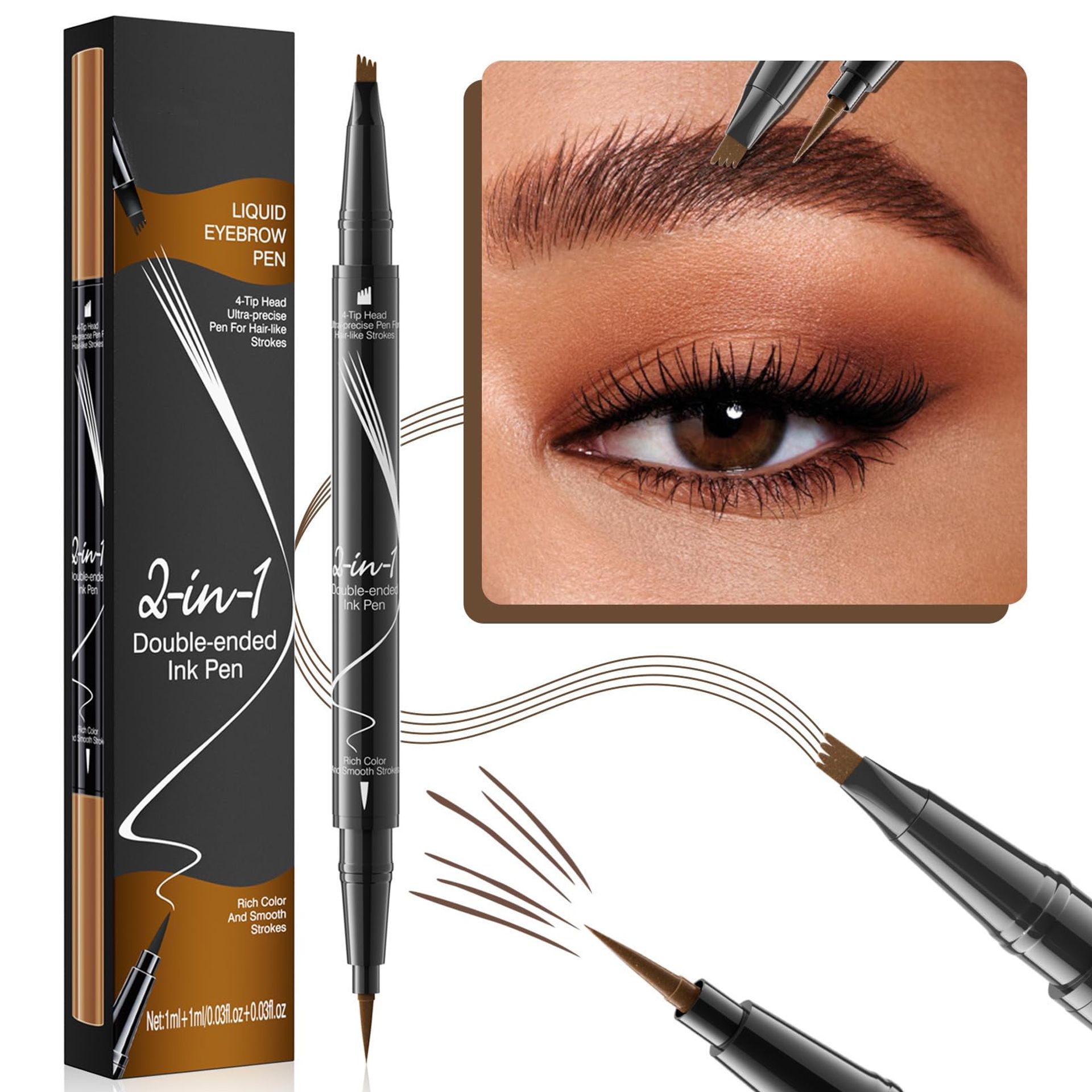 2-in-1 Microblading Eyebrow Pen with Foldable Fine Blade, 4-Fork Tip, Waterproof & Smudge-Proof for Natural Defined Brows (01+02) - Valentines