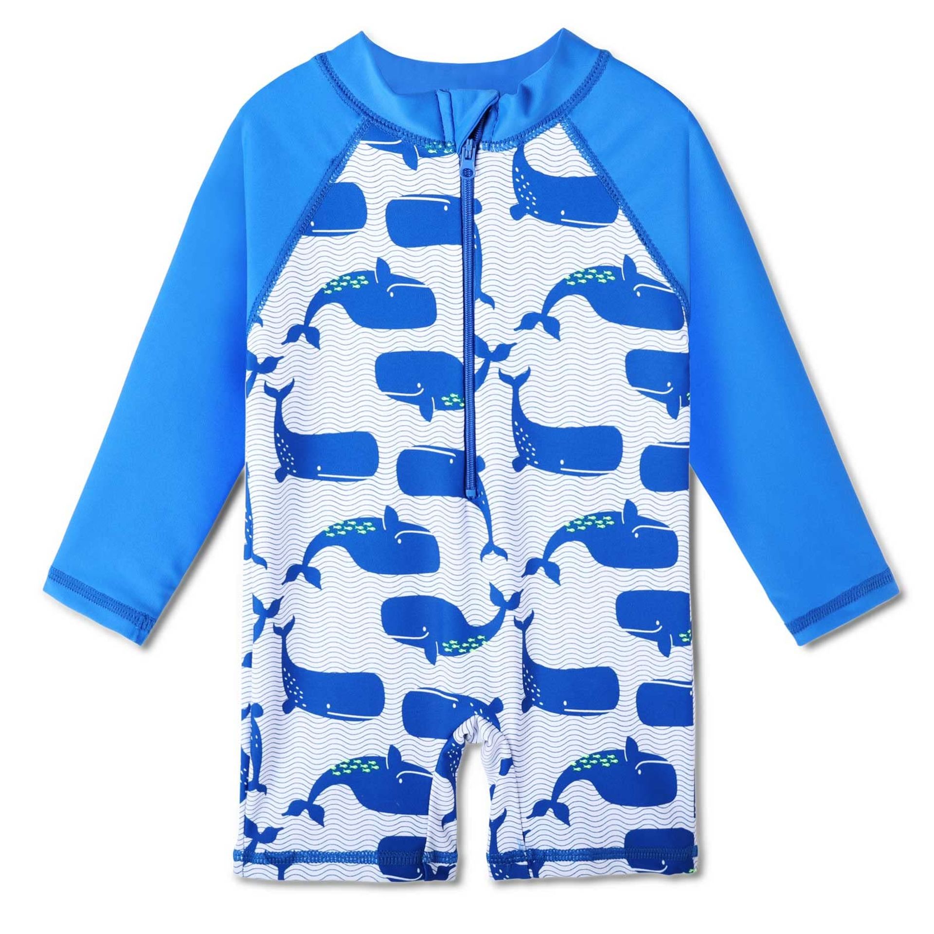 Baby Girls One Piece Long Sleeve Swimwear UPF 50+ Sun Protection Wetsuit - White Blue Whale 2-3 Years