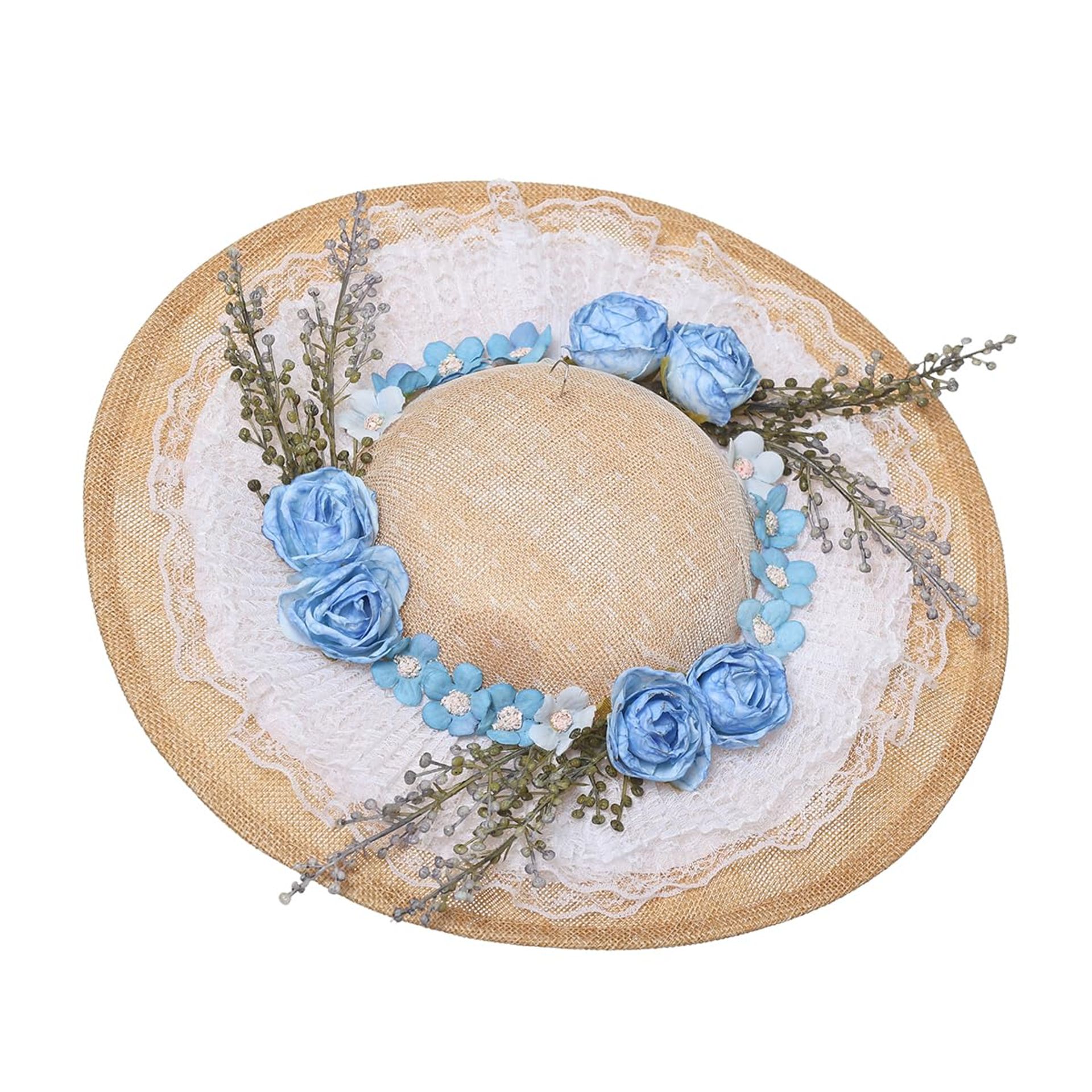 Victorian Tea Party Straw Hat with Floral Decoration for Women and Girls, Vintage Lolita Style Sun Hat - Beige One Size NB