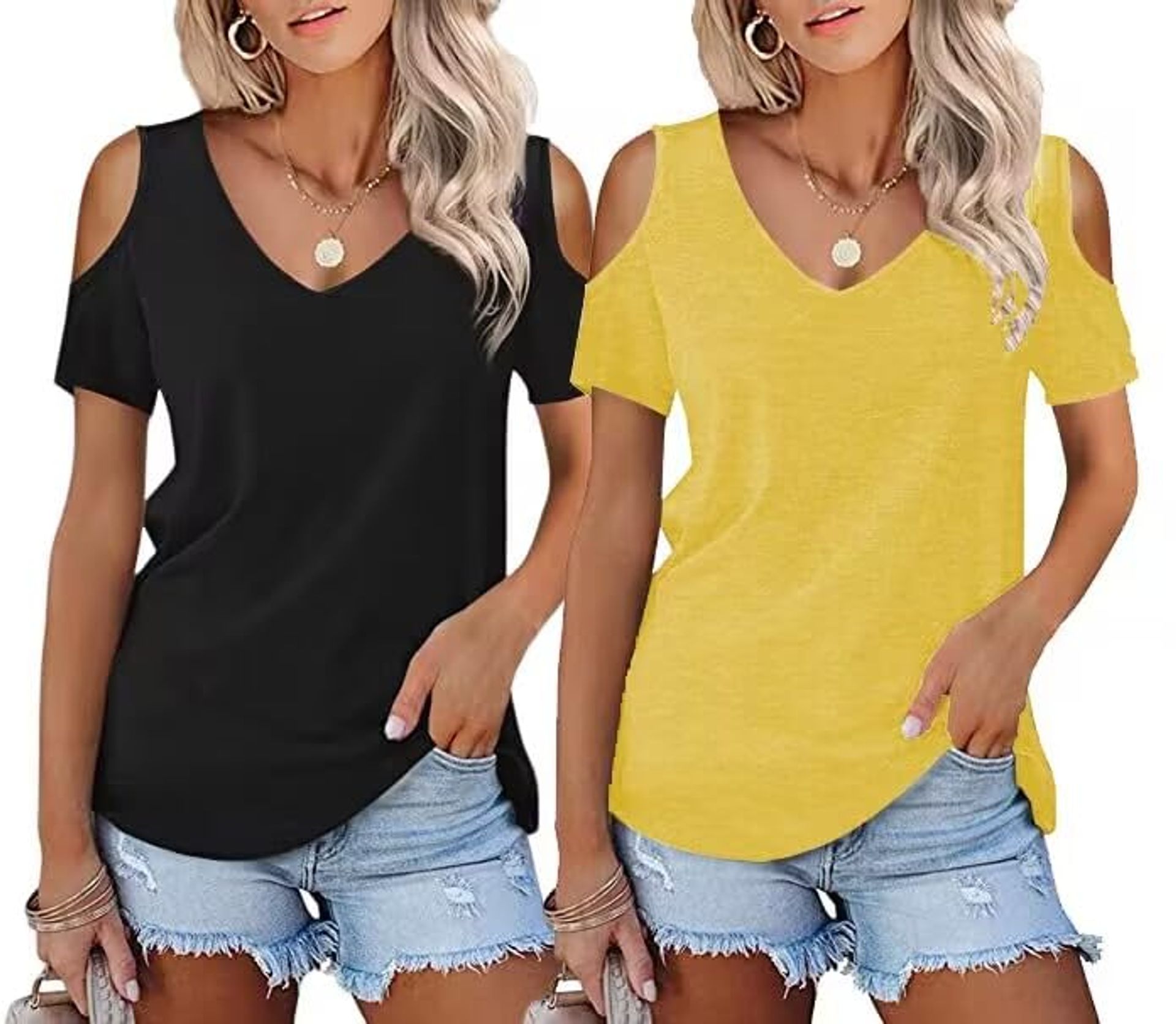ELFIN Women's V-Neck Cold Shoulder Tops - Sexy Casual Blouse Multipack