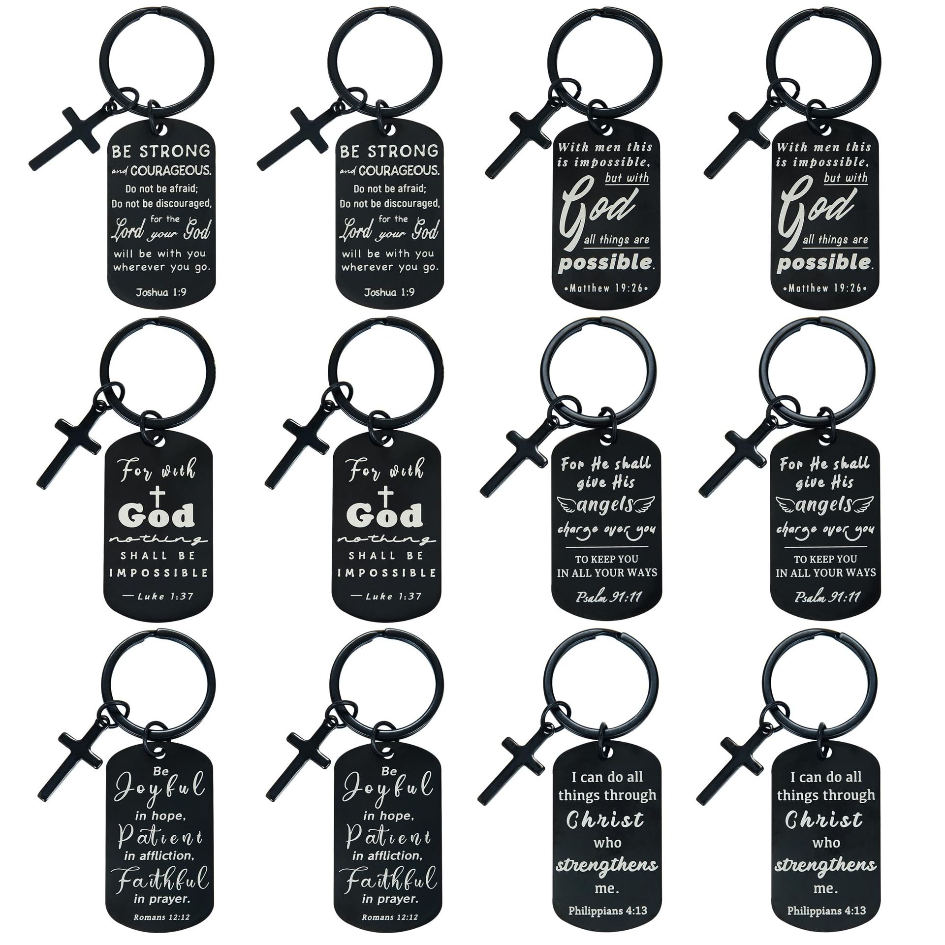 Inspirational Bible Verse Keychain Set with Cross Charm Engraved Gift - Black 1.9 Inch