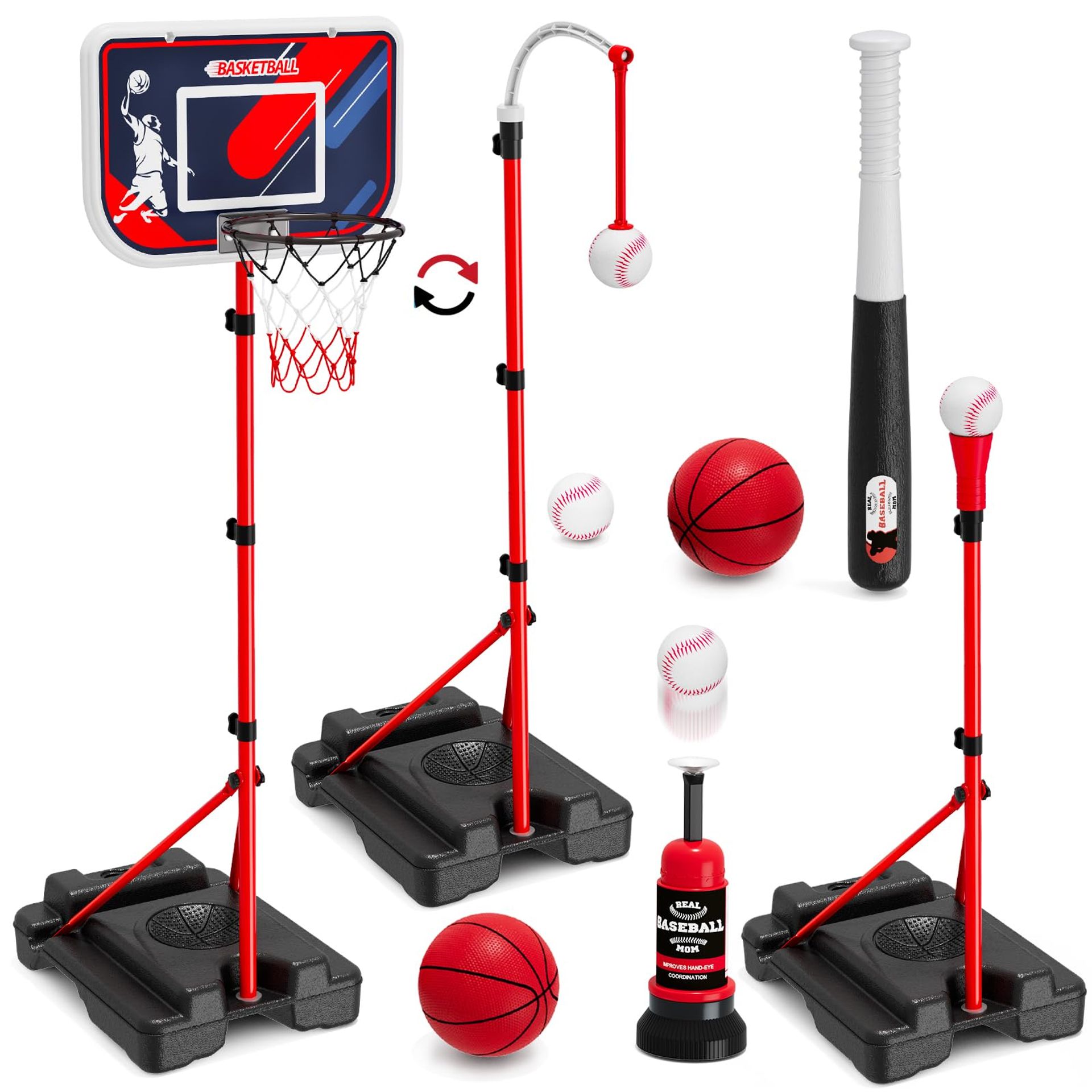 4 in 1 Kids Basketball and Baseball Set Adjustable T-Ball Stand with Automatic Pitching Machine for Toddlers 3-5 - Green Without Scoreboard & Lighting