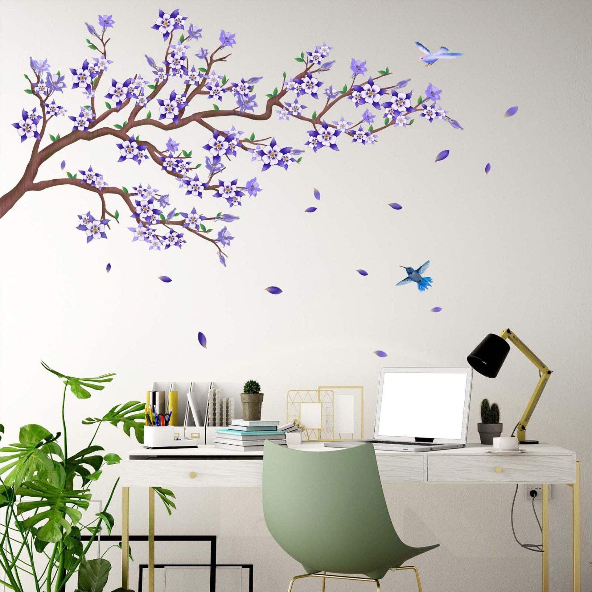 Amimagen Purple Cherry Blossom Wall Stickers - Flower Birds Tree Branch Floral Wall Decals - Living Room Bedroom TV Sofa Background Family Wall Decor