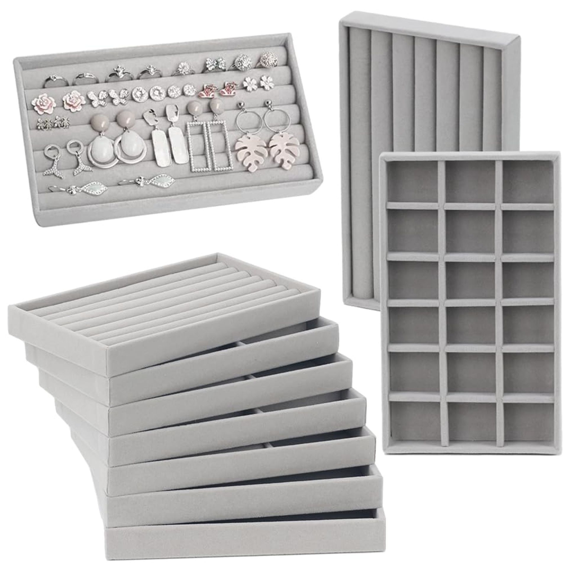 10-Pack Jewellery Drawer Organiser Trays - Stackable Velvet Storage Box, Adjustable Inserts, Grey