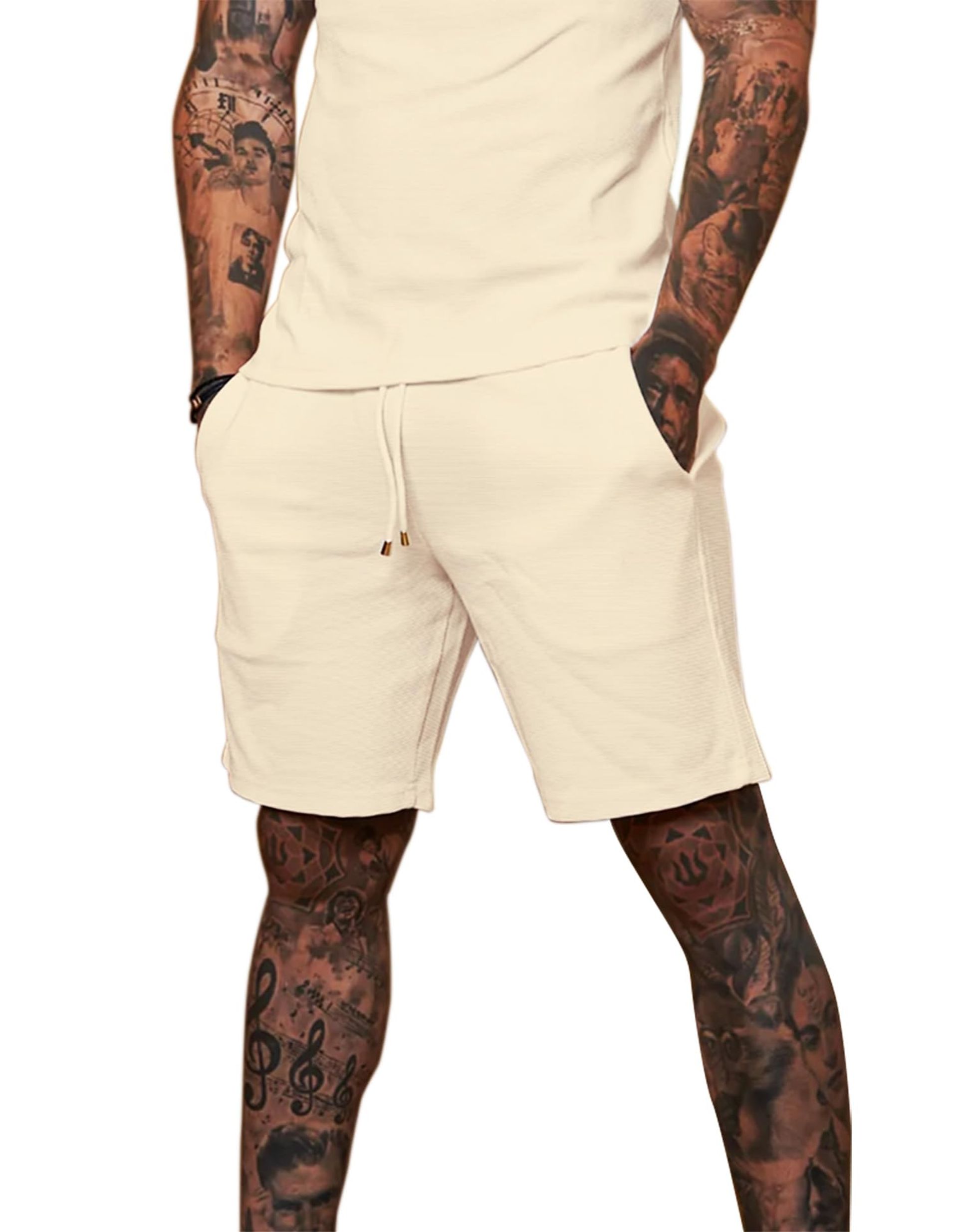 Men's 8-Inch Casual Sweat Shorts with Pockets Drawstring Waffle Lounge Summer Wear - Cornsilk Size 28