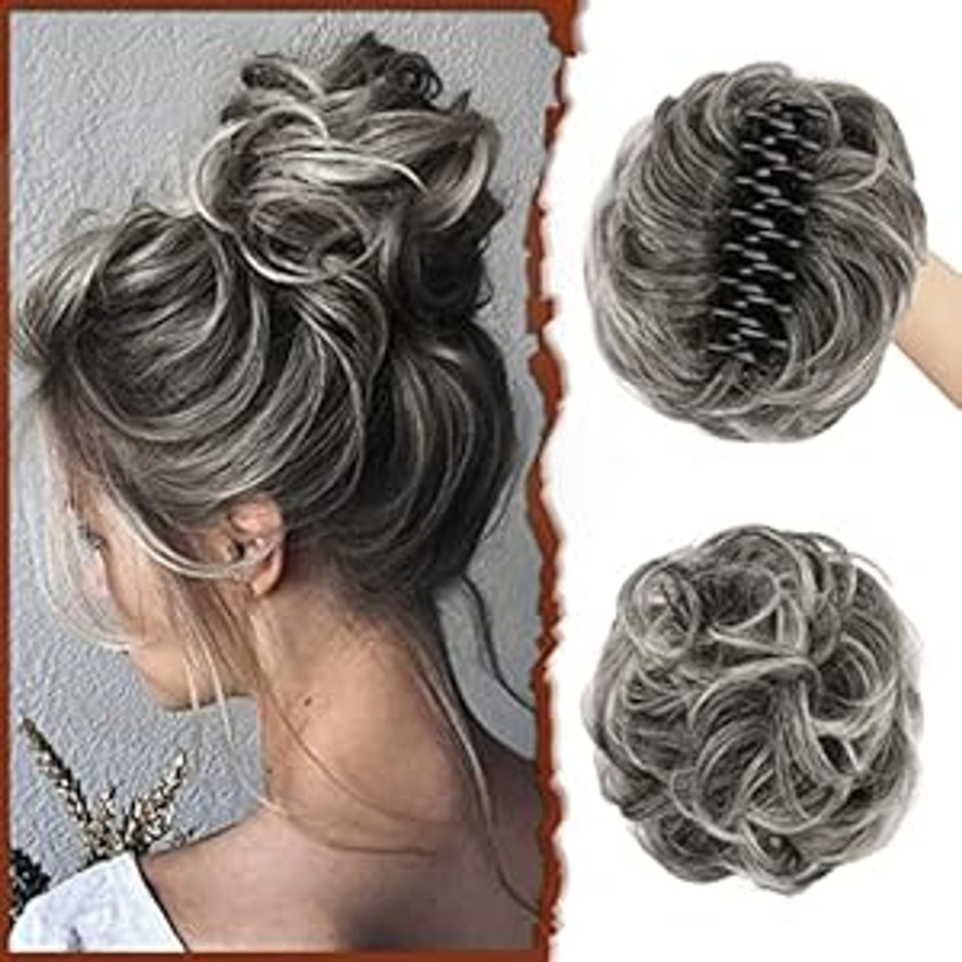 Claw Clip Messy Bun Hair Piece Wavy Curly Synthetic Chignon Updo Hair Extension - Grey and White Tips - Valentines - Valentines