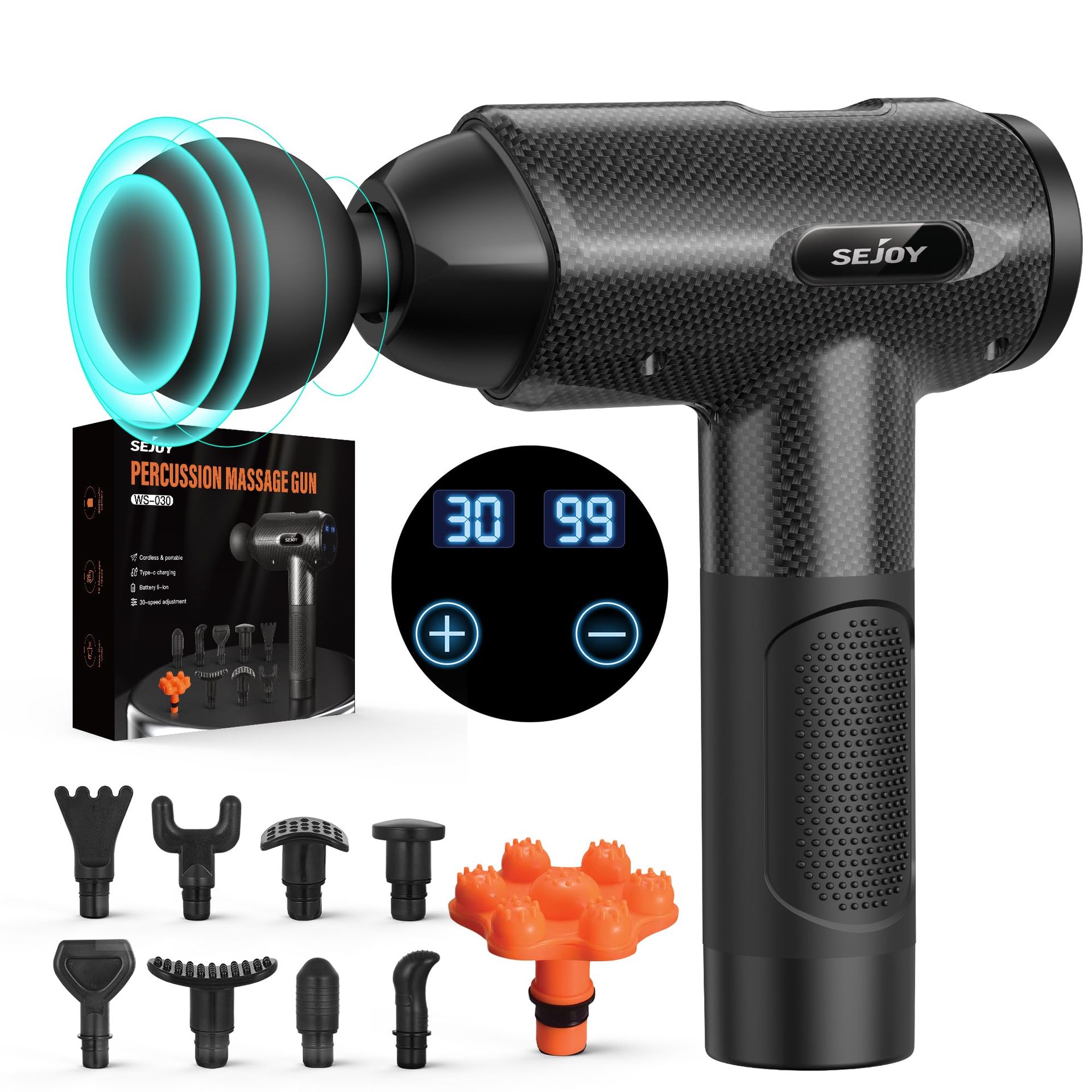 Muscle Massage Gun 30 Speed Deep Tissue Percussion Massager with 10 Heads USB Charging Quiet Operation for Pain Relief - Medium Black Big
