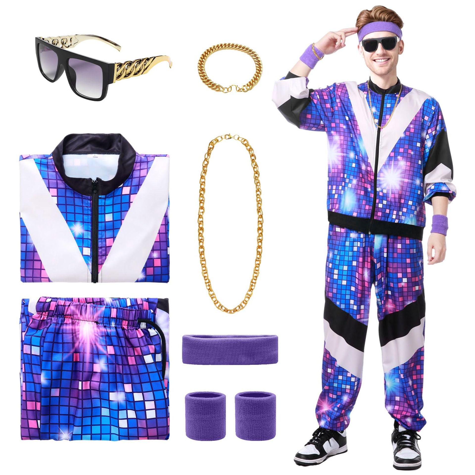 Men's & Women's 80s 90s Hip Hop Fancy Dress Costume Tracksuit Set with Jacket, Trousers & Accessories - Purple L