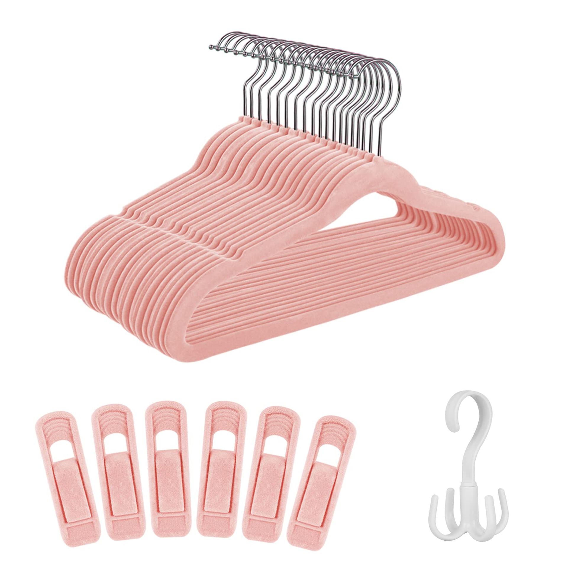Pink Kids Velvet Hangers 30 Pack with 6 Clips – Non-Slip Space-Saving Design for Children's & Baby Clothes