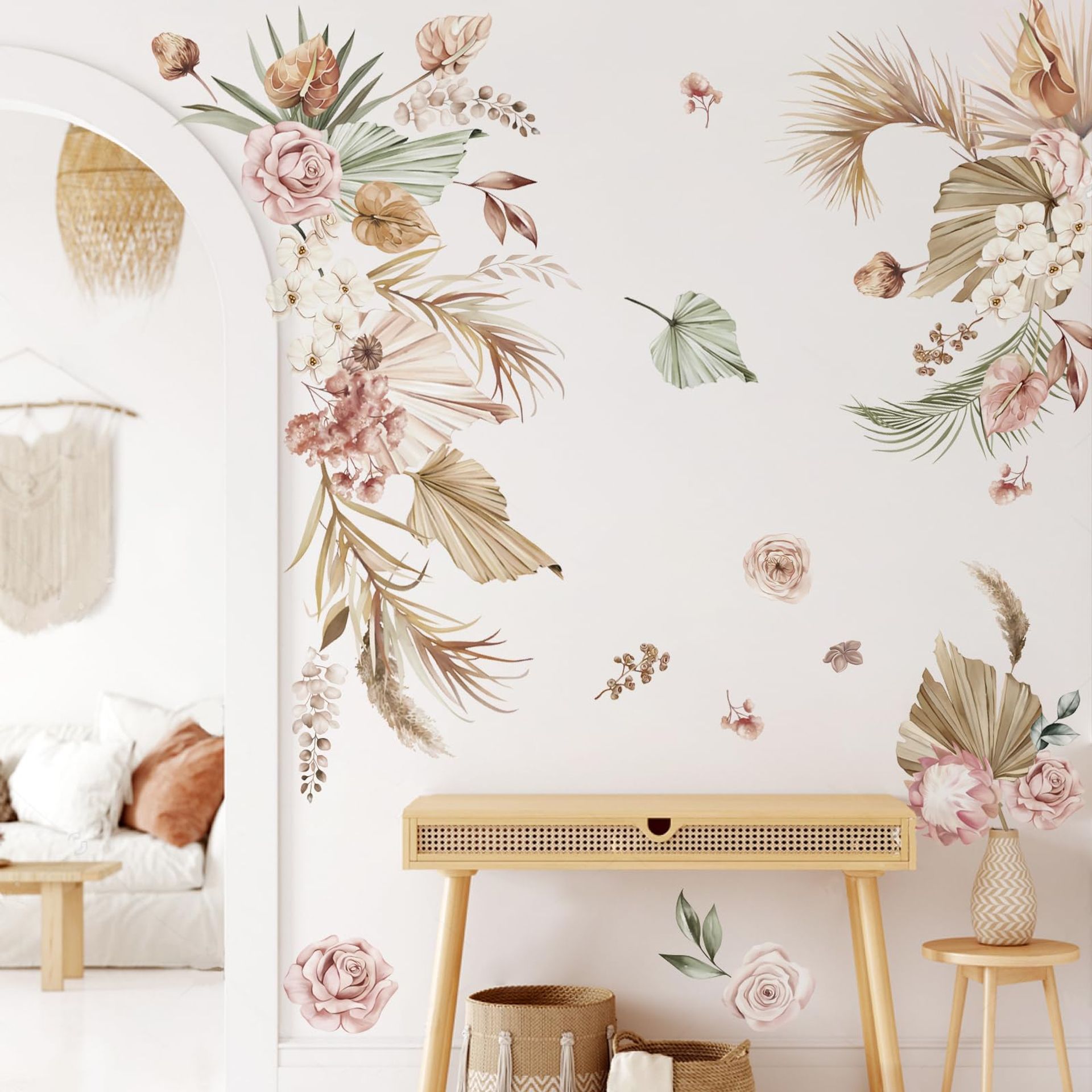 wondever Large Boho Palm Leaves Wall Stickers Tropical Leaf Flowers Peel and Stick Wall Art Decals for Bedroom TV Wall Living Room