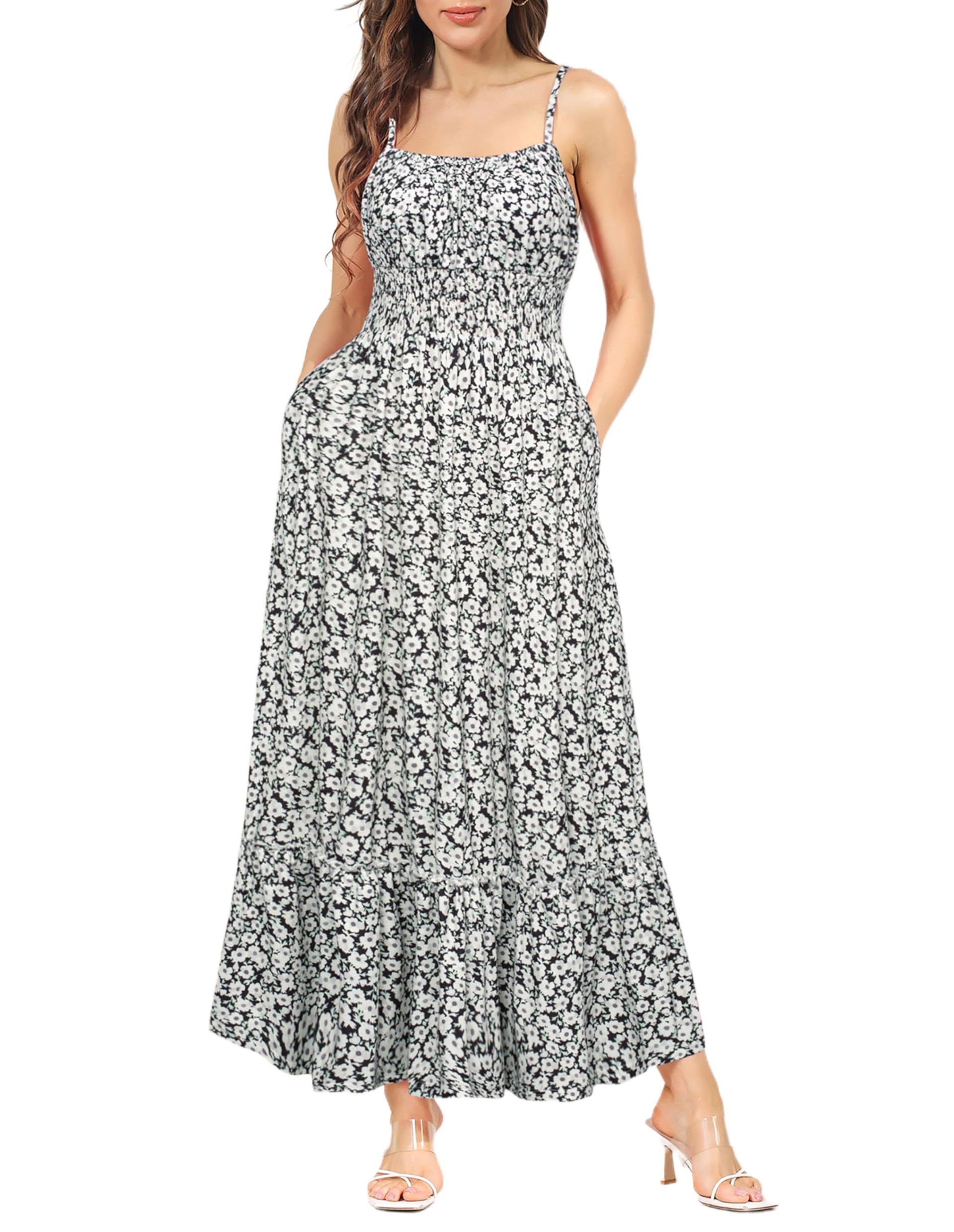 GRACE KARIN Women Casual Flowy Strappy Floral Long Beach Dress A Line Smo