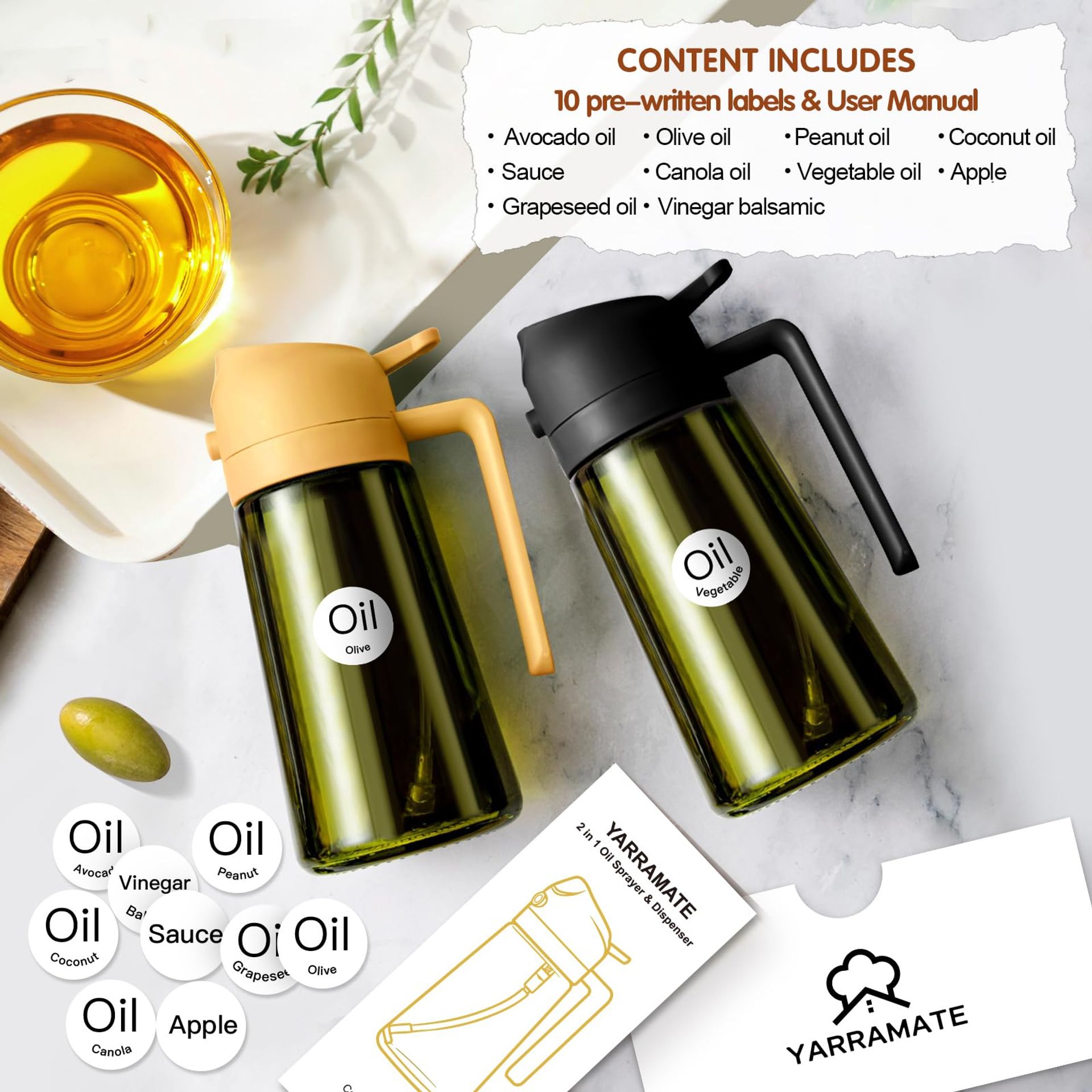 16oz Light-Blocking Dark Oil Sprayer for Cooking, 2-in-1 Olive Dispenser, Premium Green Glass - Orange