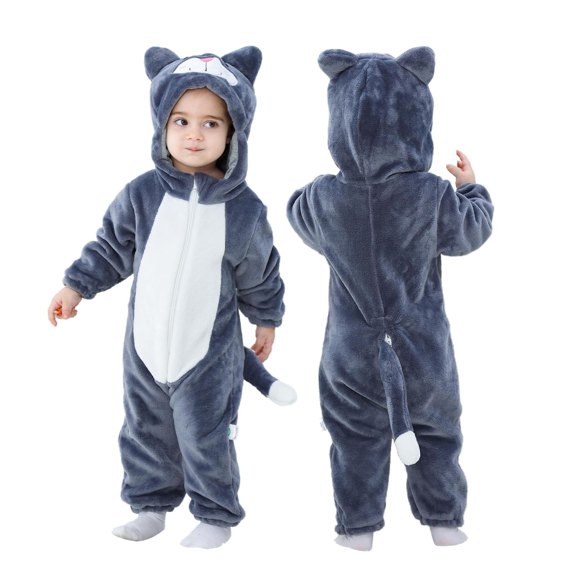 Unisex Baby Animal Onesie Hooded Flannel Cat Jumpsuit Warm Costume Romper - Black Cat 3-6 Months